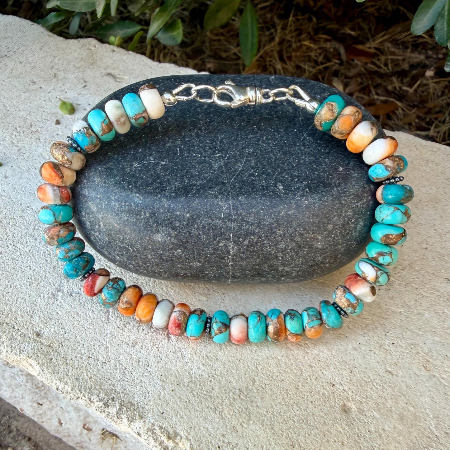 Spiny Oyster Kingman Turquoise Bracelet • Bronze Rondelles • Southwest Jewelry