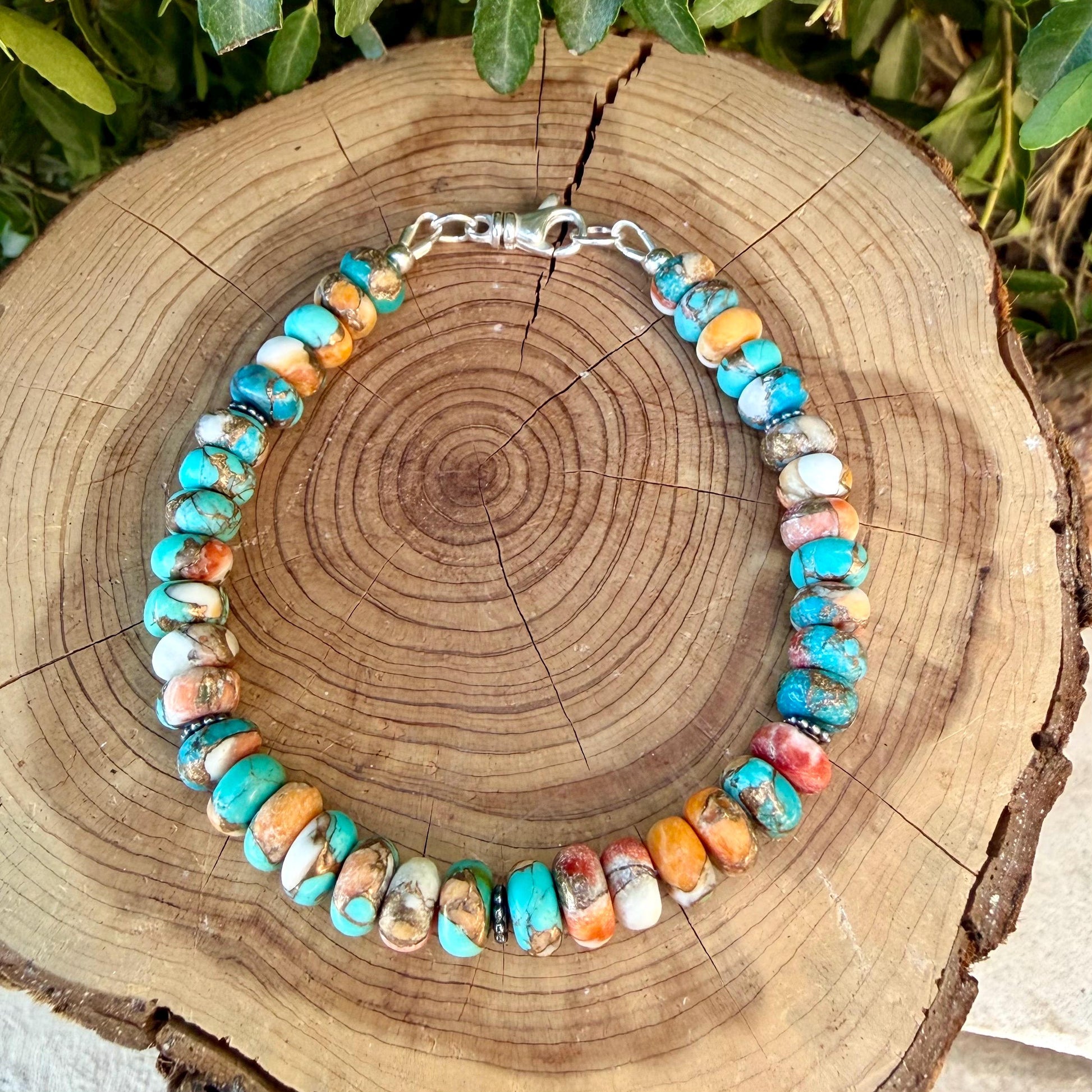 Spiny Oyster Kingman Turquoise Bracelet • Bronze Rondelles • Southwest Jewelry