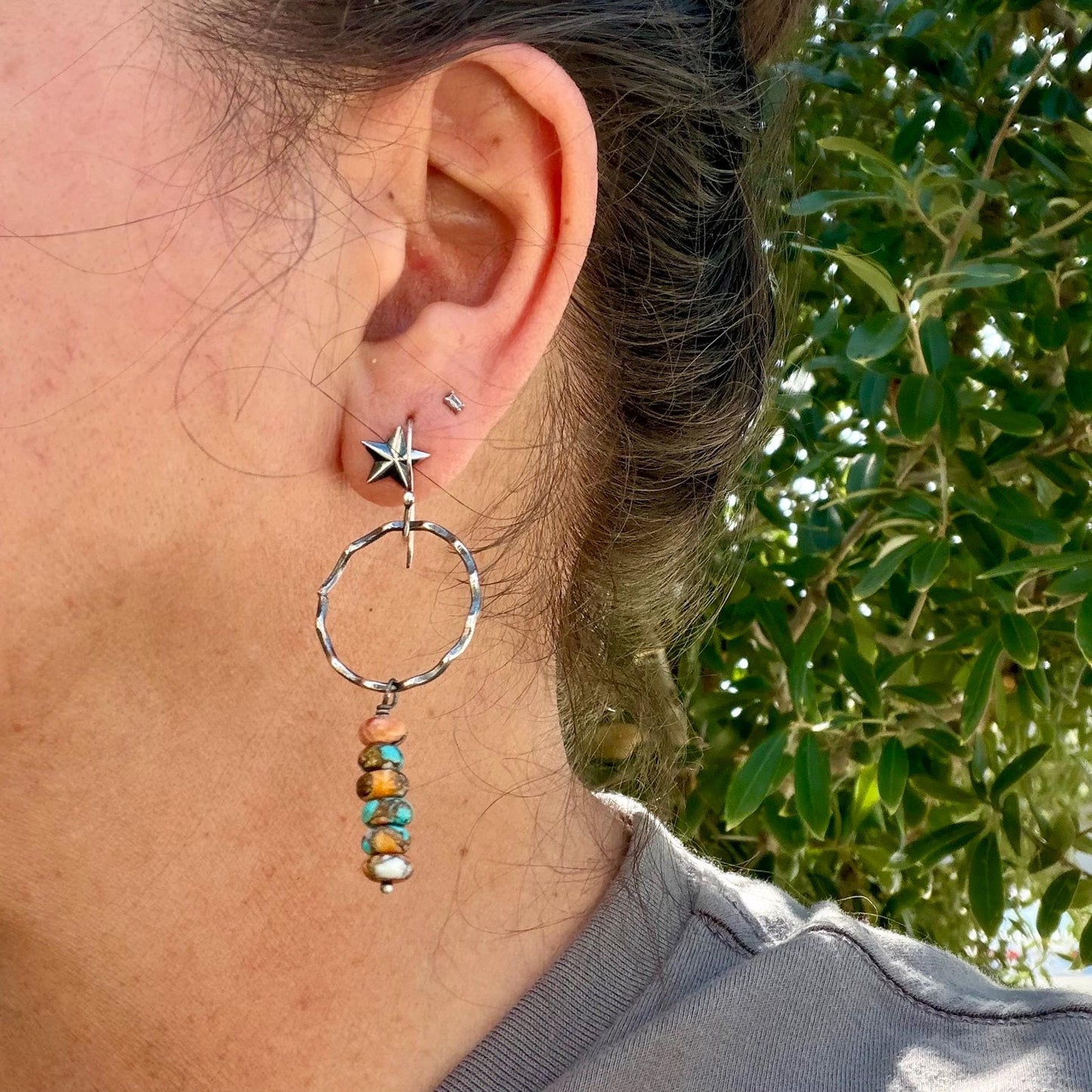 Sterling Silver Spiny Oyster & Turquoise Dangle Drop Earrings • Long Drop Style
