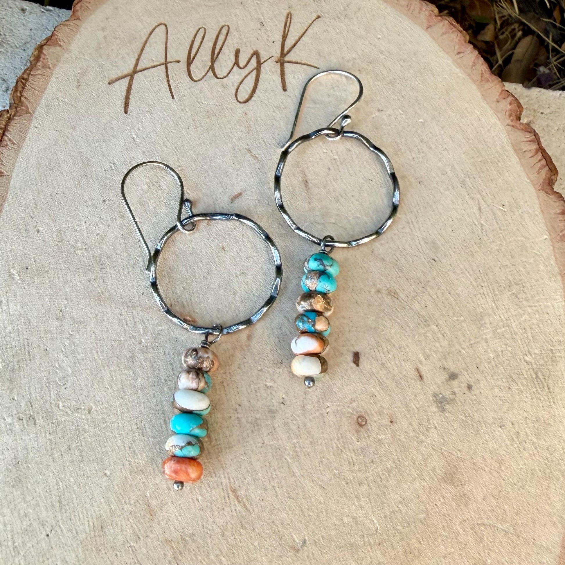 Sterling Silver Spiny Oyster & Turquoise Dangle Drop Earrings • Long Drop Style