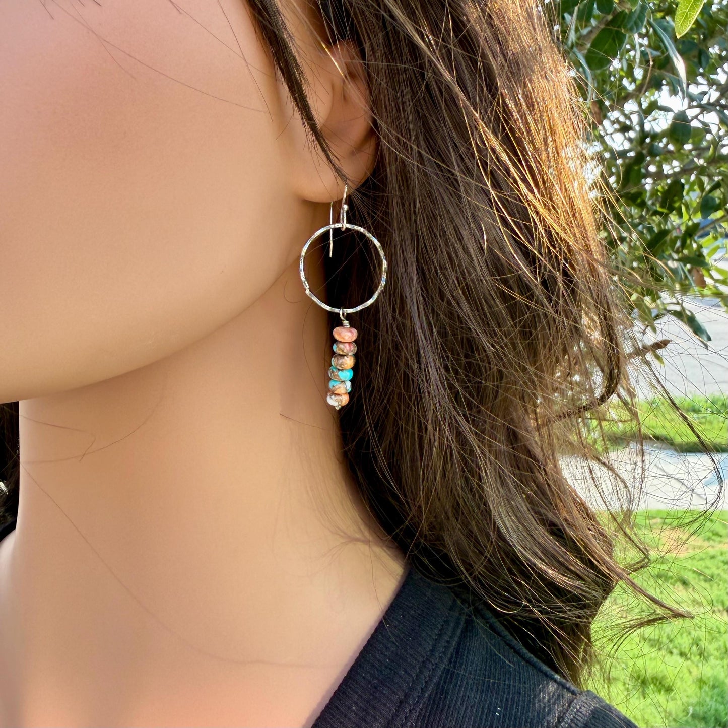 Sterling Silver Spiny Oyster & Turquoise Dangle Drop Earrings • Long Drop Style