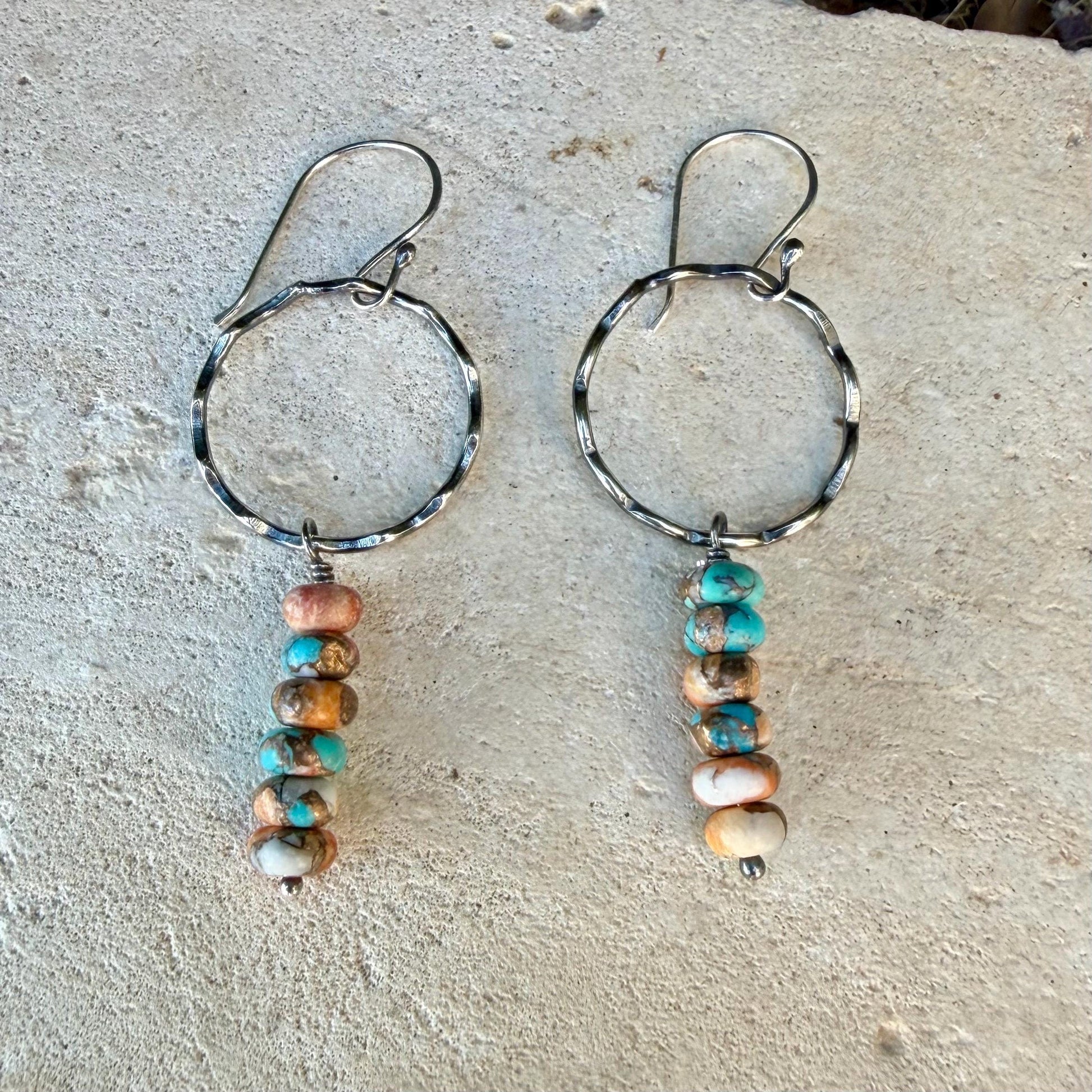 Sterling Silver Spiny Oyster & Turquoise Dangle Drop Earrings • Long Drop Style
