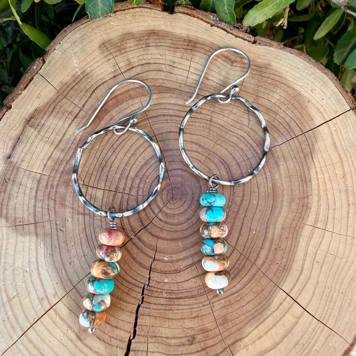 Sterling Silver Spiny Oyster & Turquoise Dangle Drop Earrings • Long Drop Style