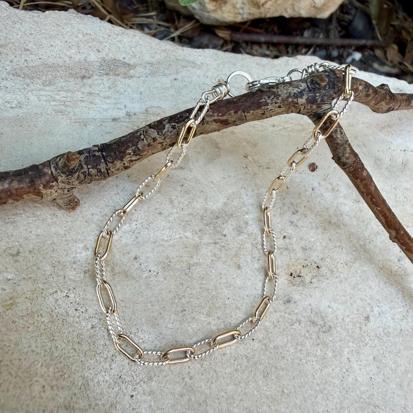 Sterling Silver 14kt Gold Filled Paperclip Bracelet • Twisted Chain • Mixed Metal Layering
