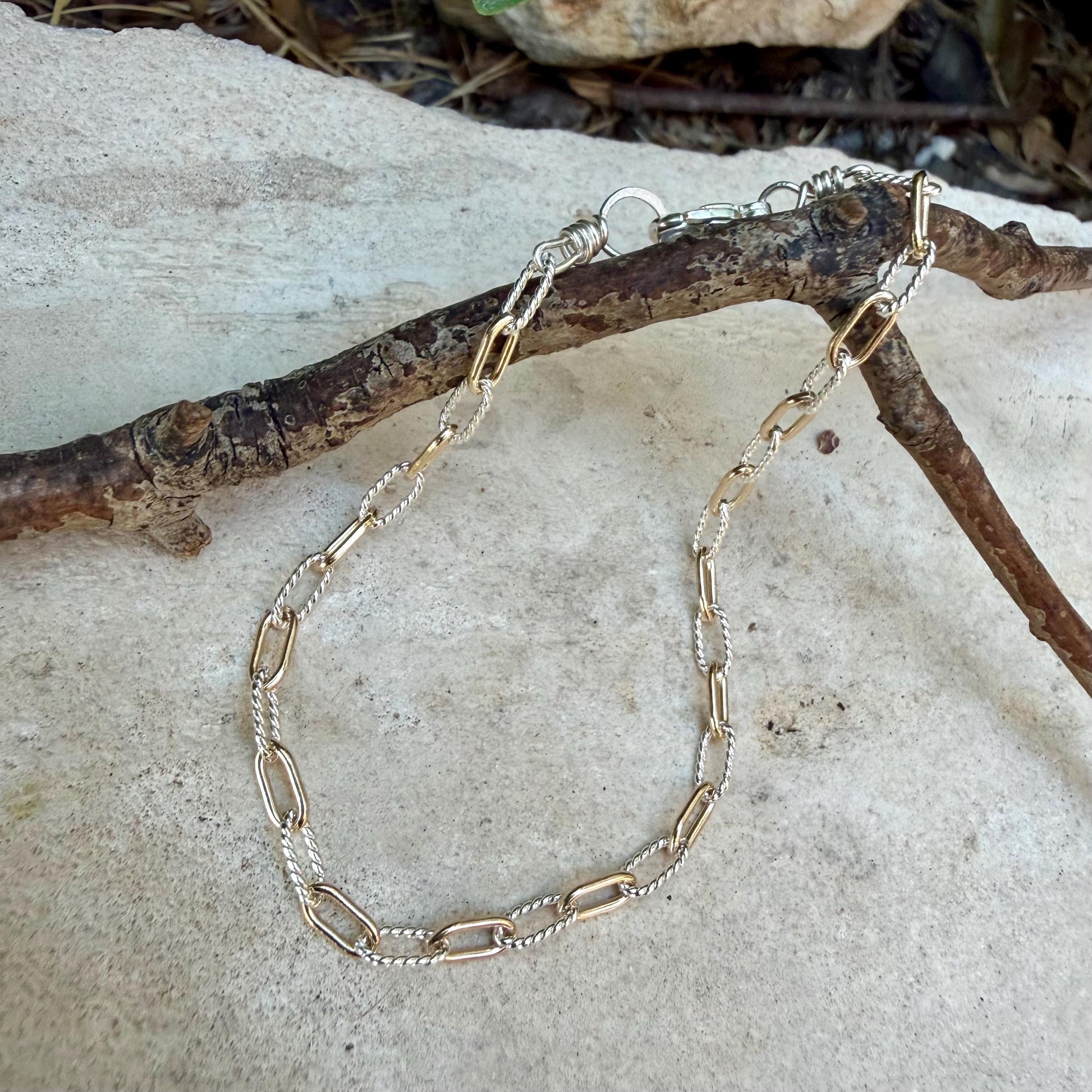 Sterling Silver 14kt Gold Filled Paperclip Bracelet • Twisted Chain • Mixed Metal Layering