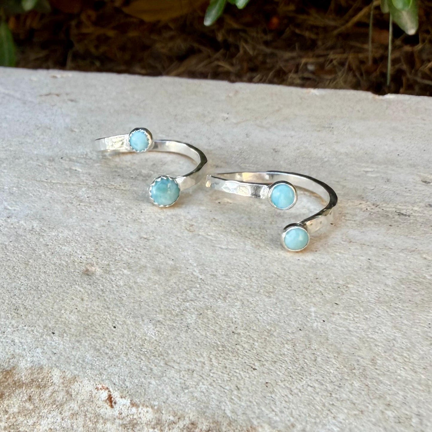 Larimar Sterling Silver Ring • Adjustable Double Bezel • Sky‑Blue Caribbean Stone