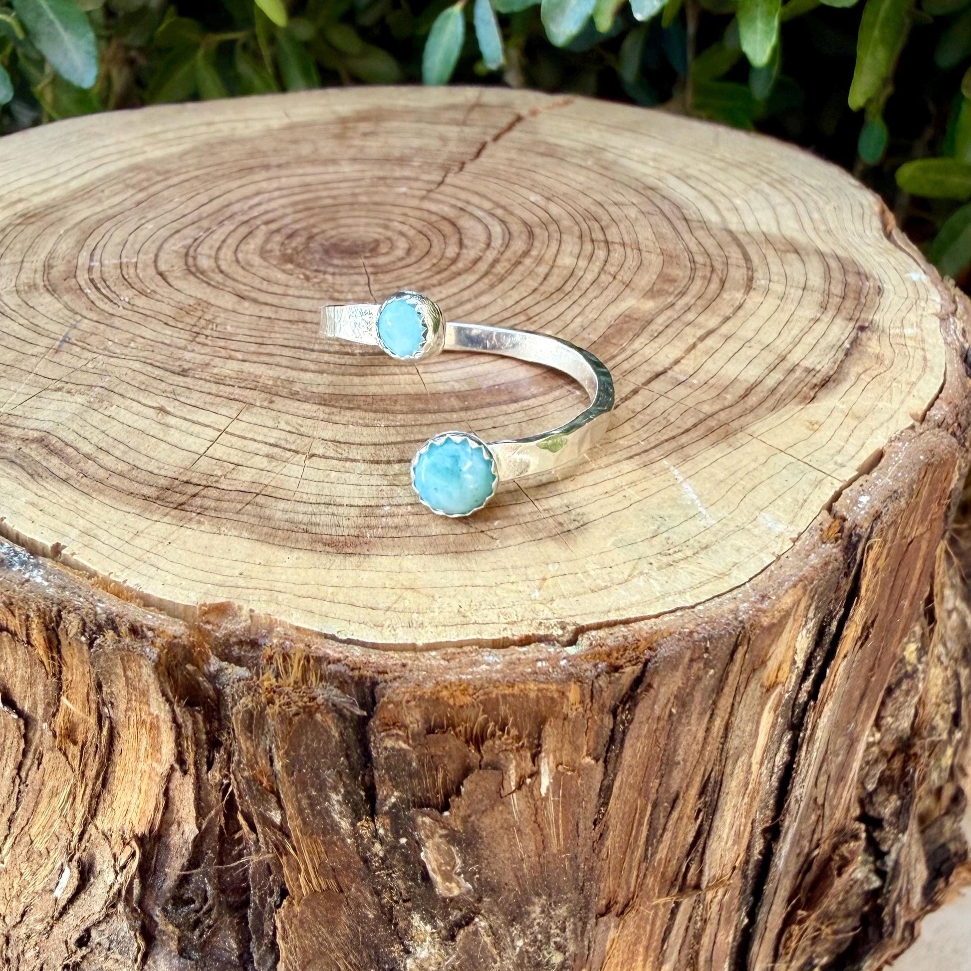 Larimar Sterling Silver Ring • Adjustable Double Bezel • Sky‑Blue Caribbean Stone