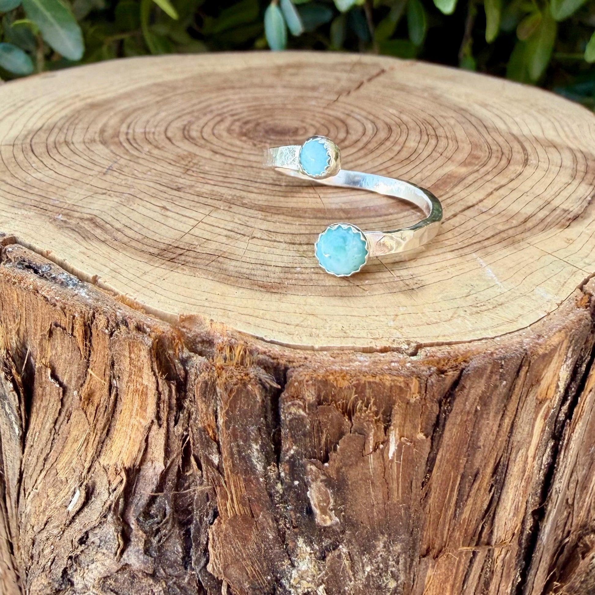 Larimar Sterling Silver Ring • Adjustable Double Bezel • Sky‑Blue Caribbean Stone