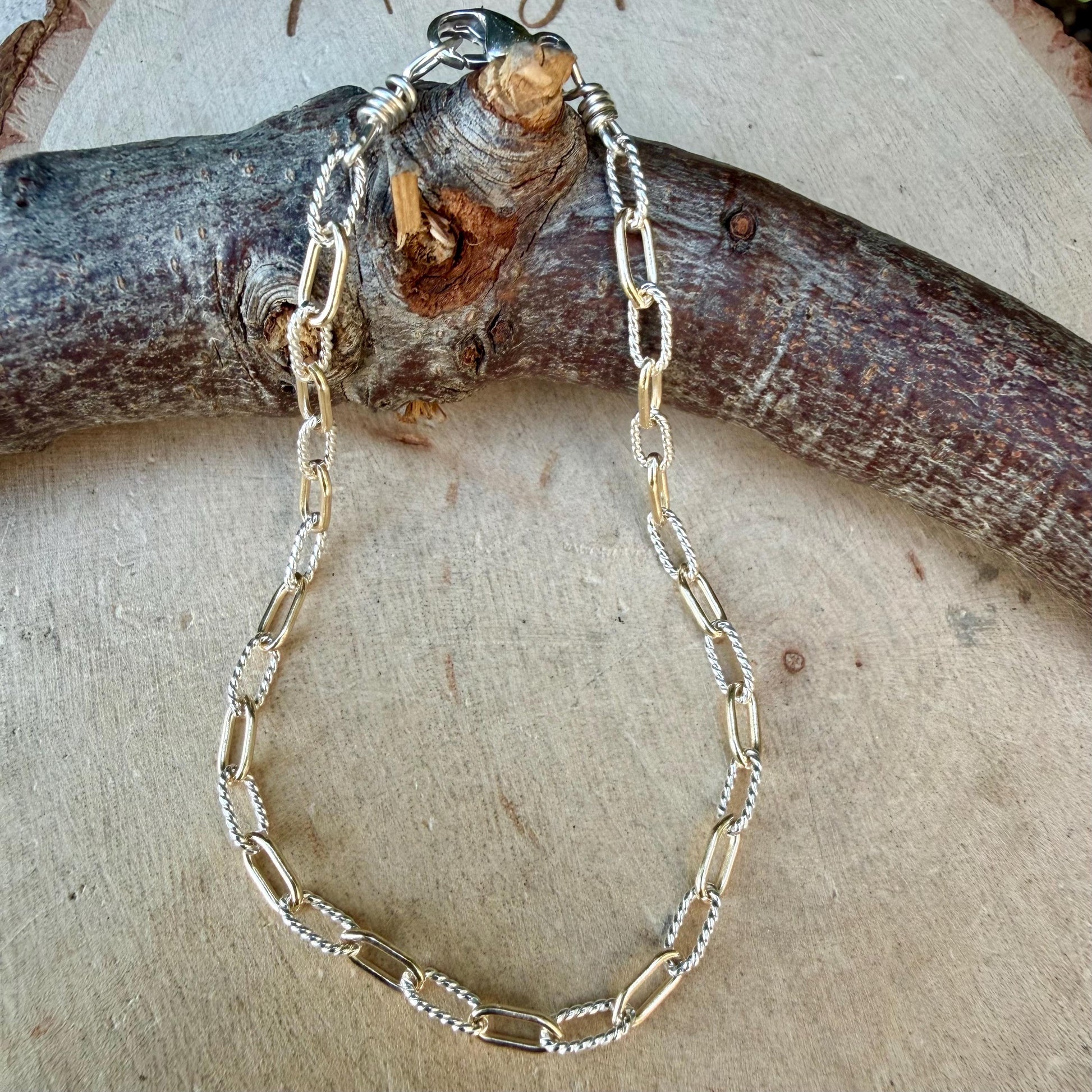 Sterling Silver 14kt Gold Filled Paperclip Bracelet • Twisted Chain • Mixed Metal Layering