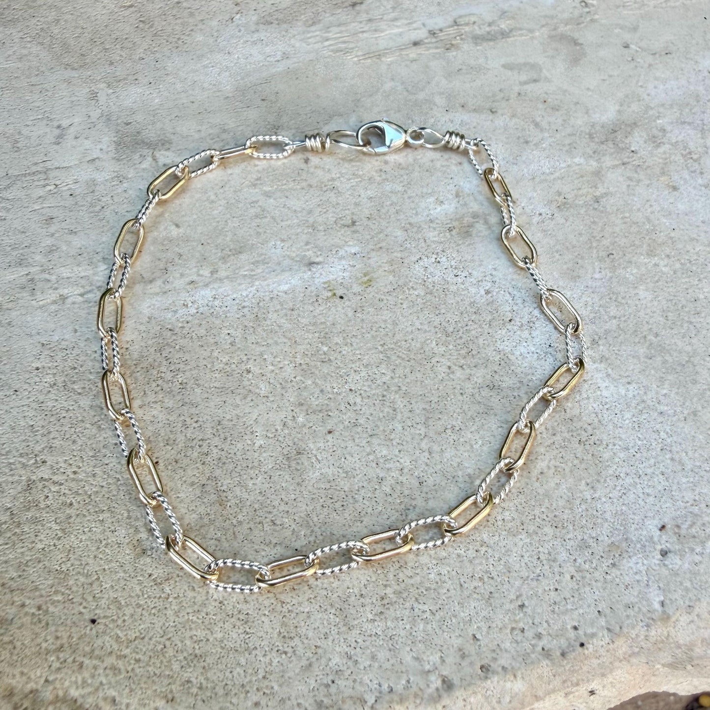 Sterling Silver 14kt Gold Filled Paperclip Bracelet • Twisted Chain • Mixed Metal Layering