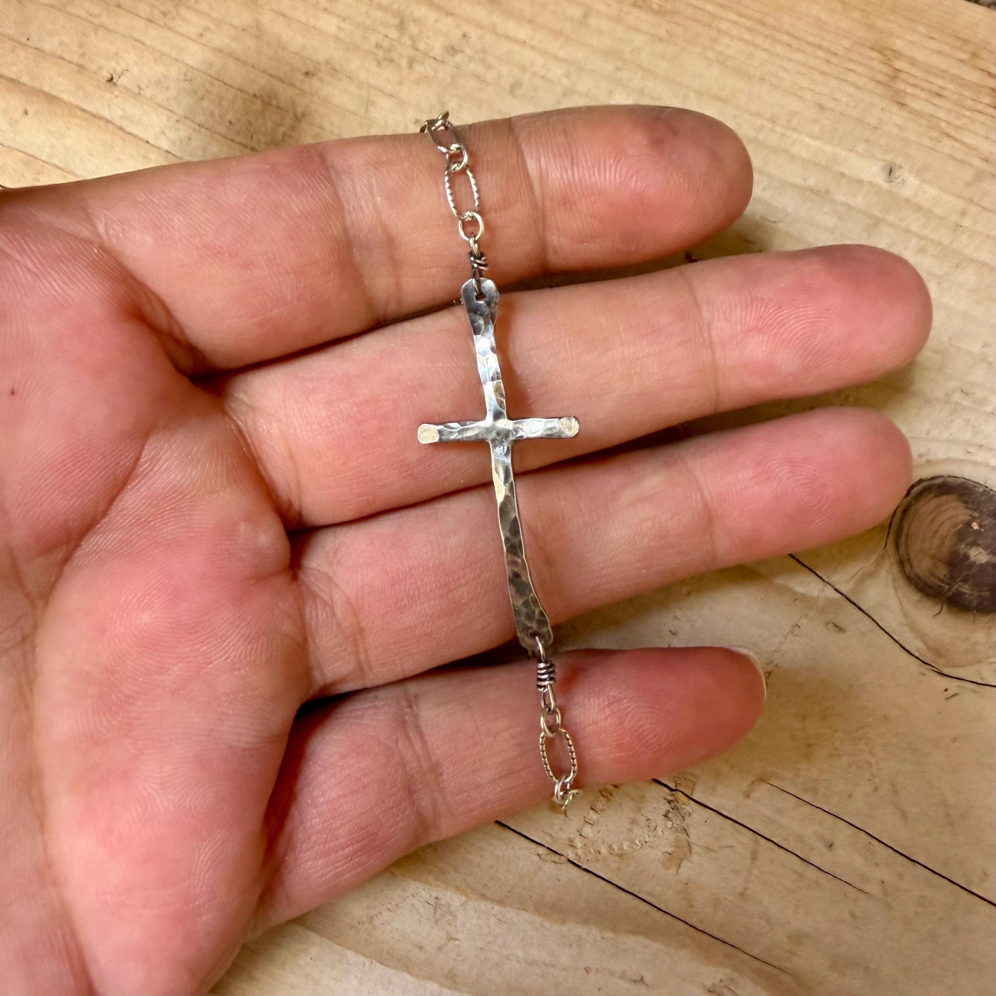 Sterling Silver Sideways Cross Bracelet • Hand‑Forged Cross • Rustic Silver Chain