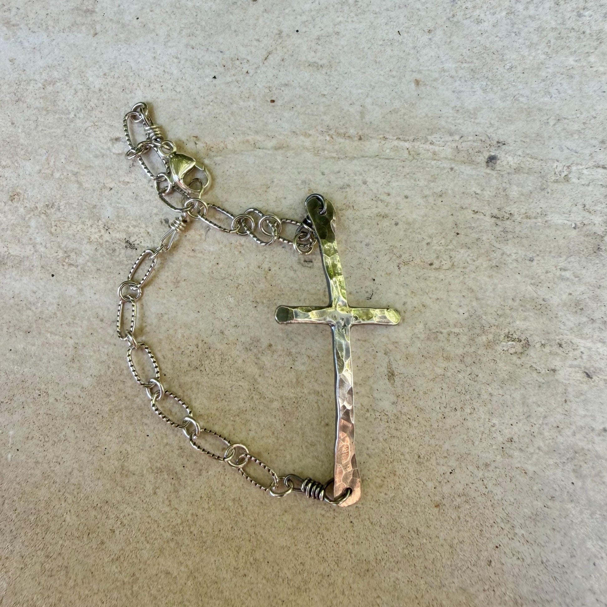 Sterling Silver Sideways Cross Bracelet • Hand‑Forged Cross • Rustic Silver Chain