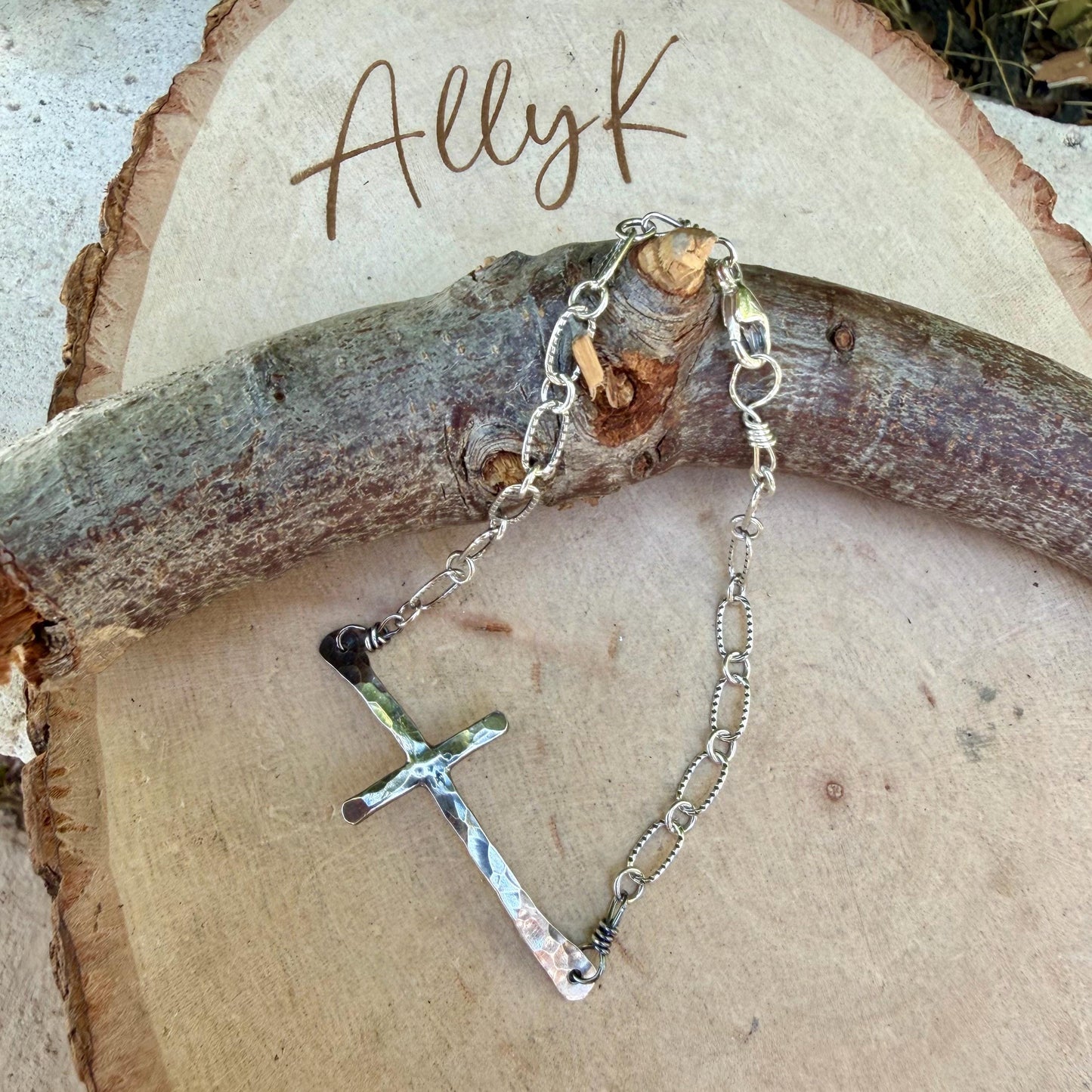 Sterling Silver Sideways Cross Bracelet • Hand‑Forged Cross • Rustic Silver Chain