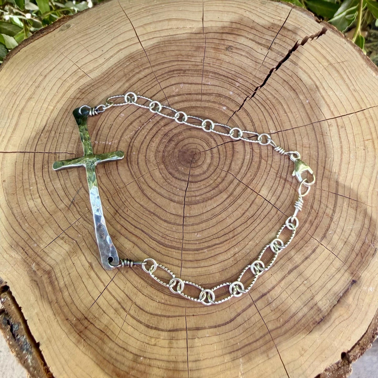 Sterling Silver Sideways Cross Bracelet • Hand‑Forged Cross • Rustic Silver Chain
