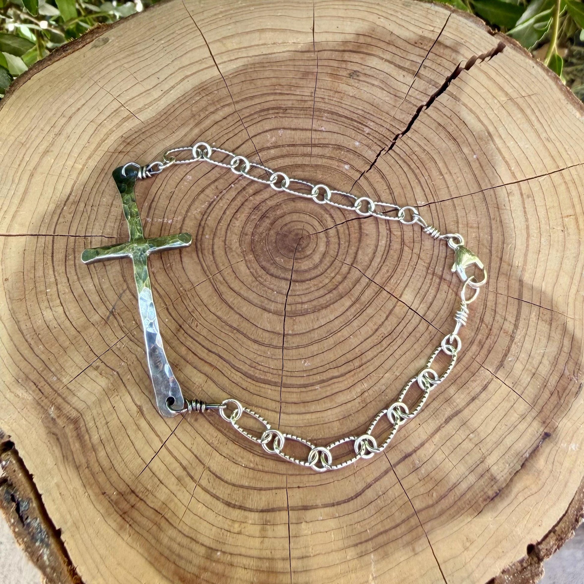 Sterling Silver Sideways Cross Bracelet • Hand‑Forged Cross • Rustic Silver Chain