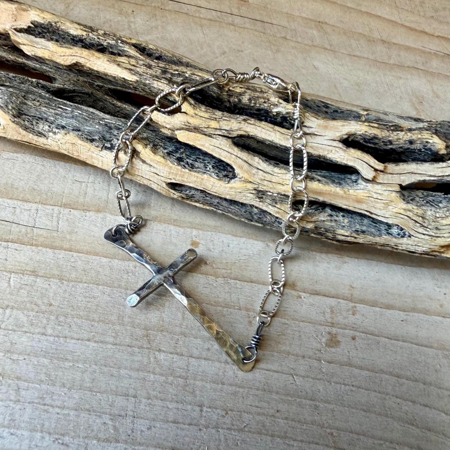 Sterling Silver Sideways Cross Bracelet • Hand‑Forged Cross • Rustic Silver Chain