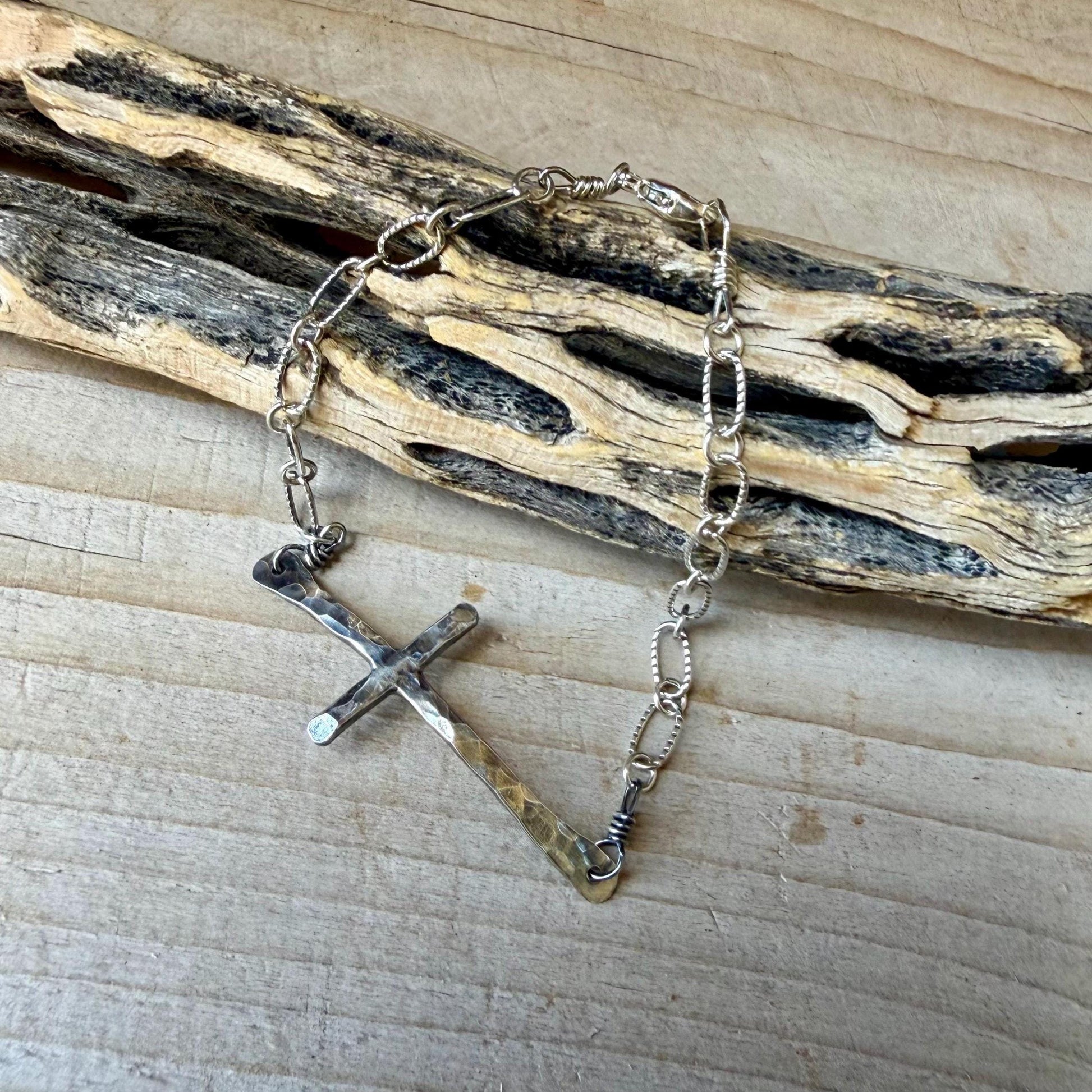Sterling Silver Sideways Cross Bracelet • Hand‑Forged Cross • Rustic Silver Chain