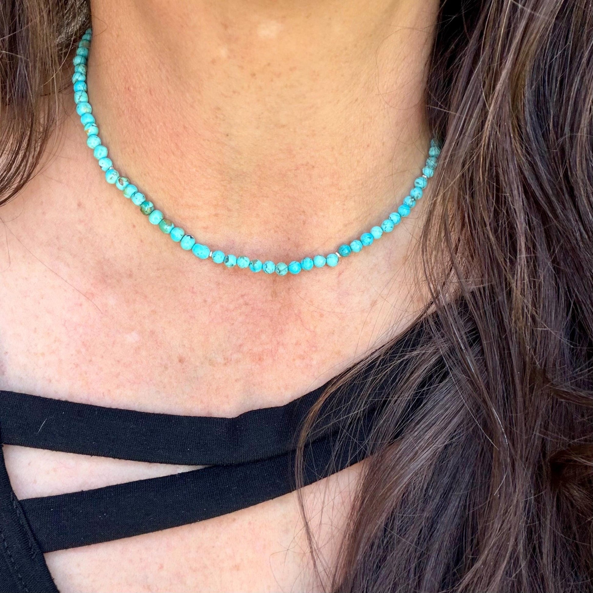 Kingman Turquoise Choker • 4–5mm Beads • Baby Blue Turquoise Necklace • Sterling Spacers