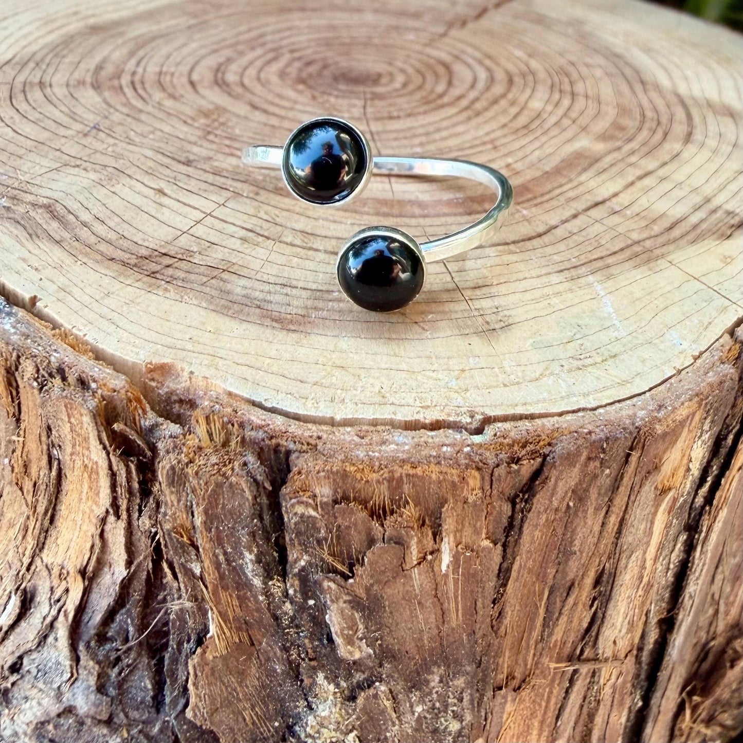 Black Onyx Sterling Silver Ring • Adjustable Double Cabochon Bezel • Midnight Onyx Stone