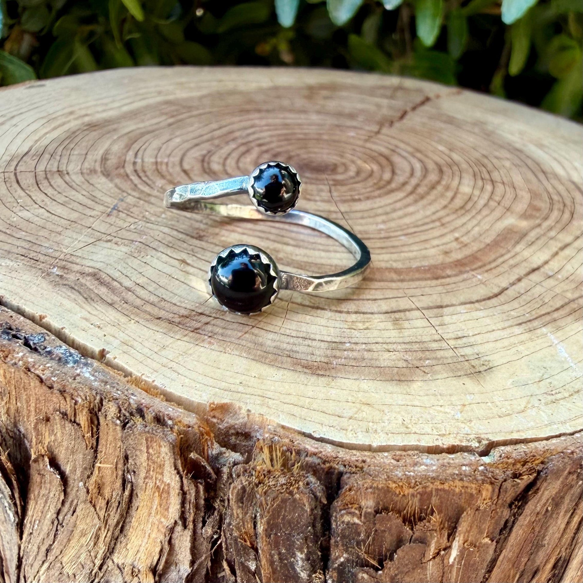 Black Onyx Sterling Silver Ring • Adjustable Double Cabochon Bezel • Midnight Onyx Stone