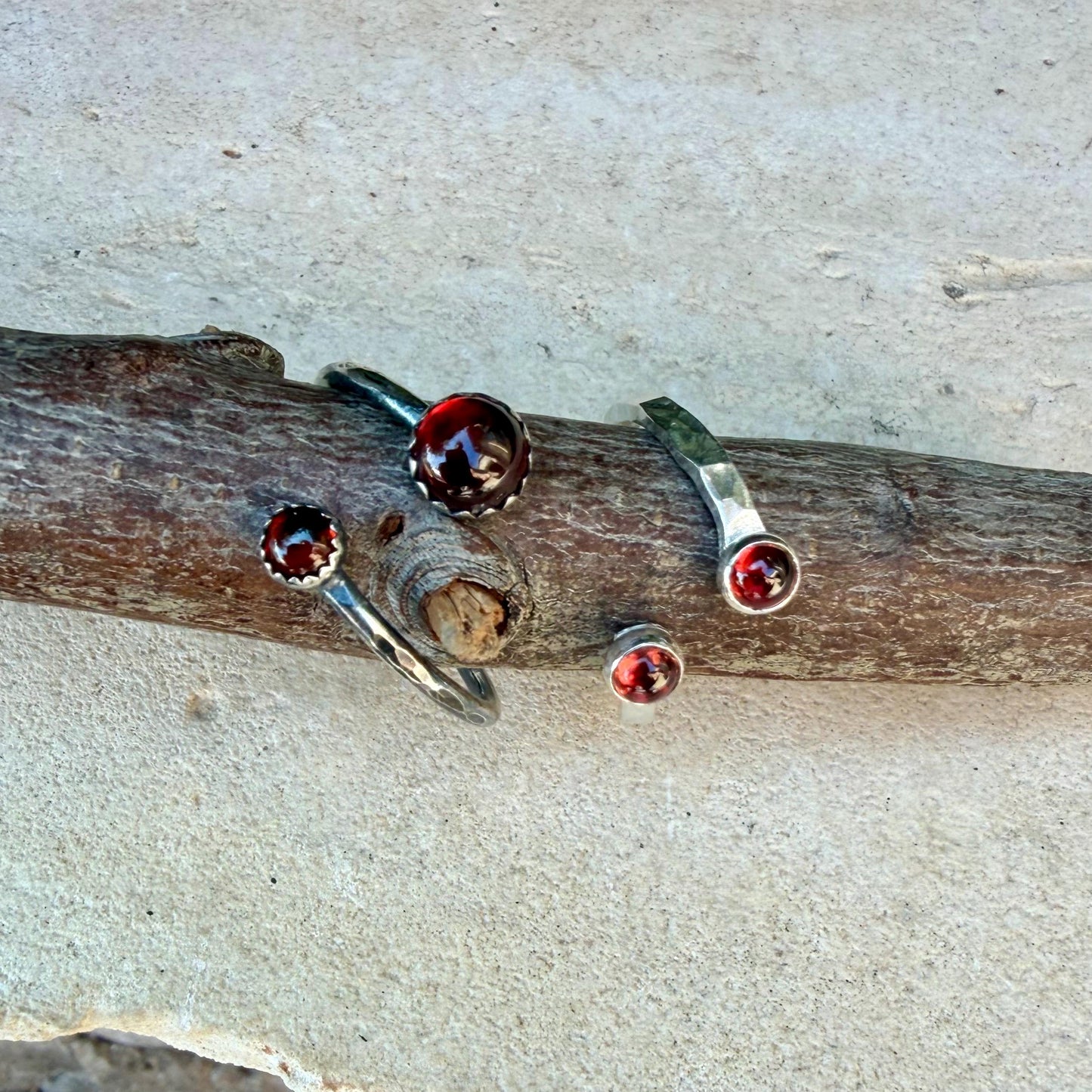 Garnet Sterling Silver Ring • Adjustable Double Bezel • Deep Red Garnet Cabochon