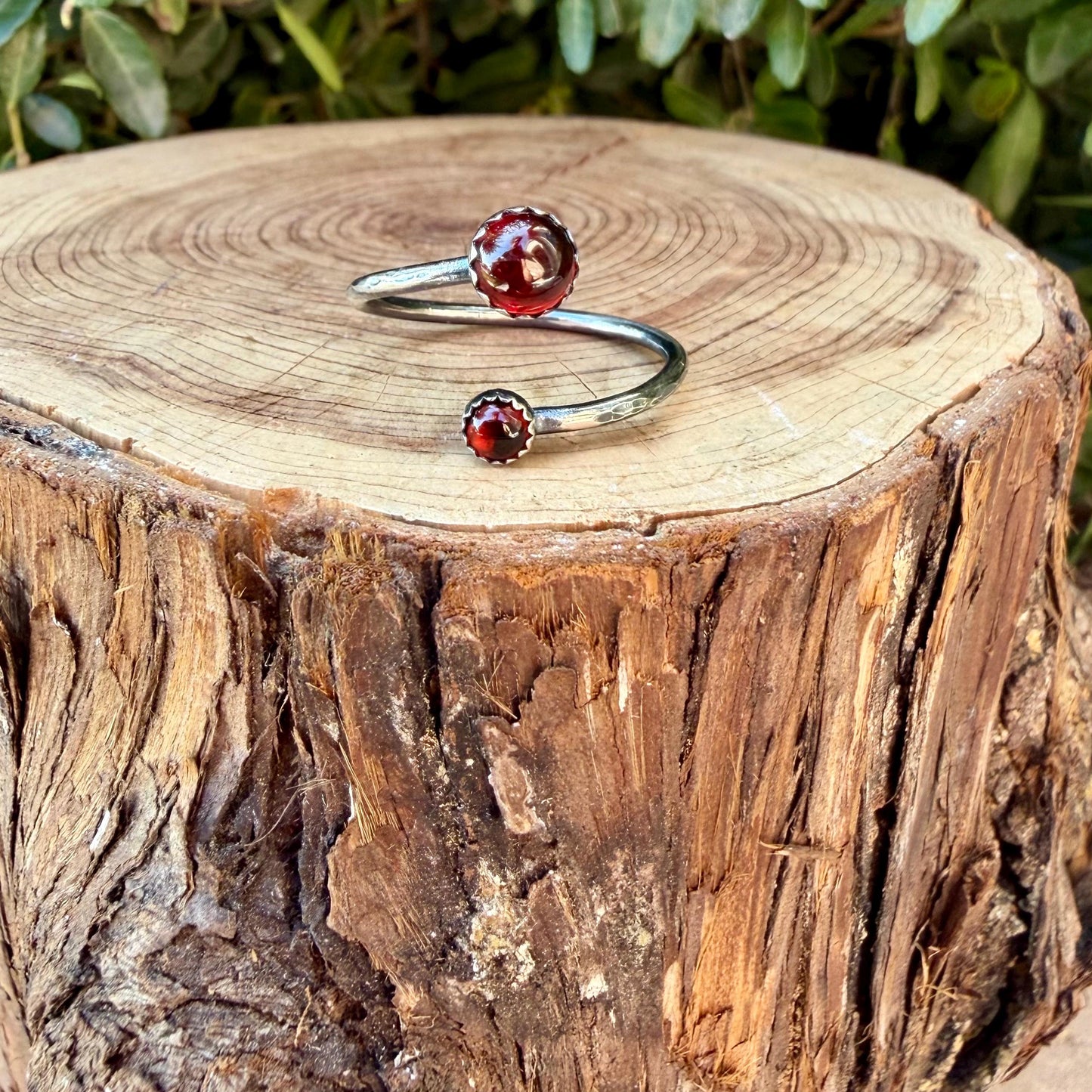Garnet Sterling Silver Ring • Adjustable Double Bezel • Deep Red Garnet Cabochon