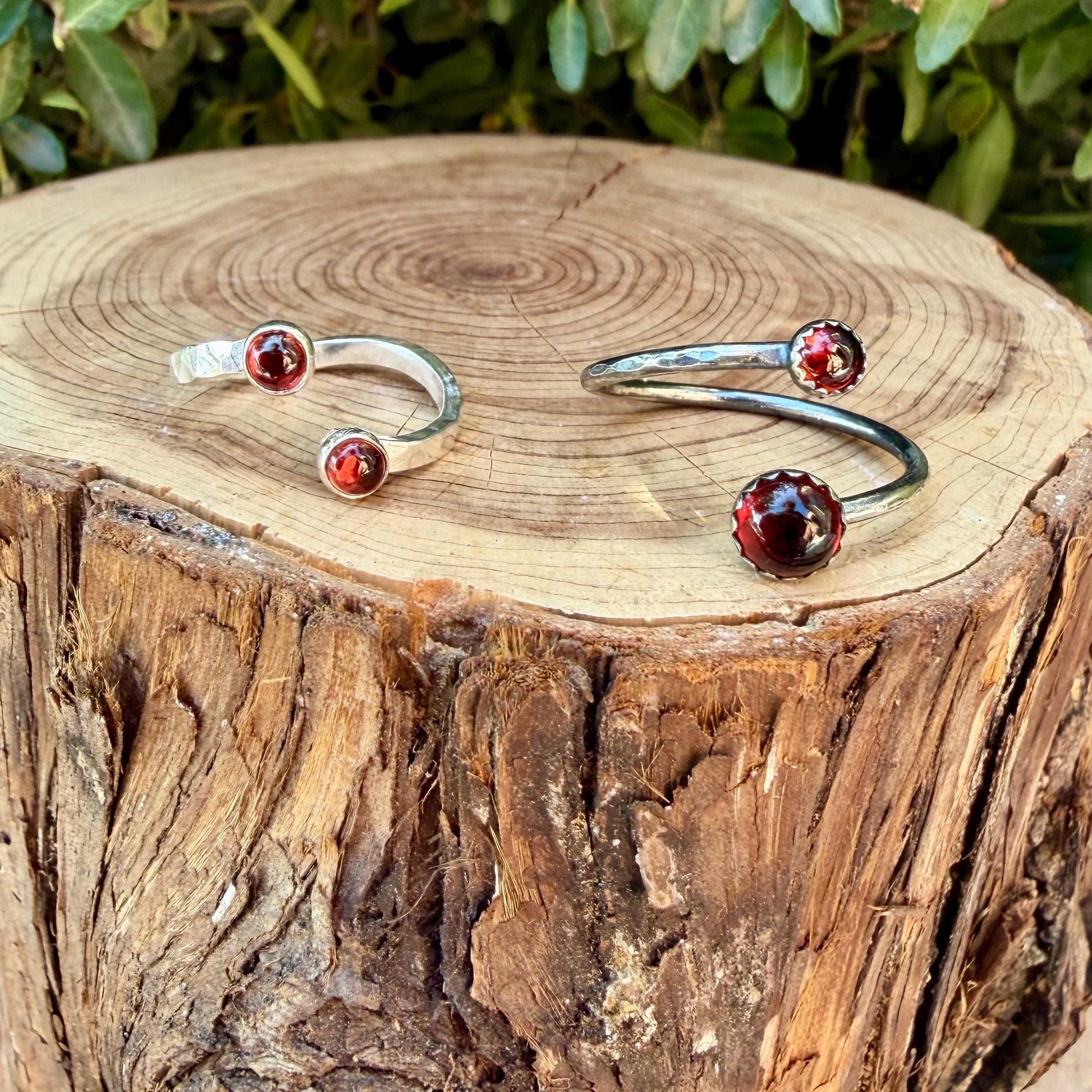 Garnet Sterling Silver Ring • Adjustable Double Bezel • Deep Red Garnet Cabochon
