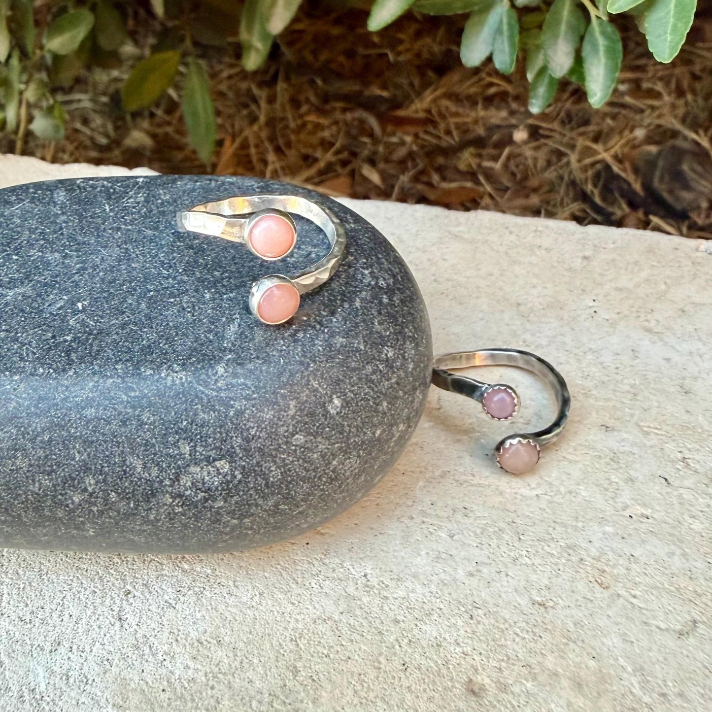 Pink Opal Sterling Silver Ring • Adjustable Double Bezel • Soft Blush Peruvian Stone