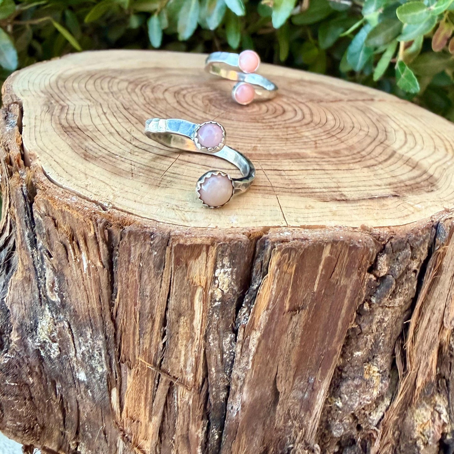 Pink Opal Sterling Silver Ring • Adjustable Double Bezel • Soft Blush Peruvian Stone