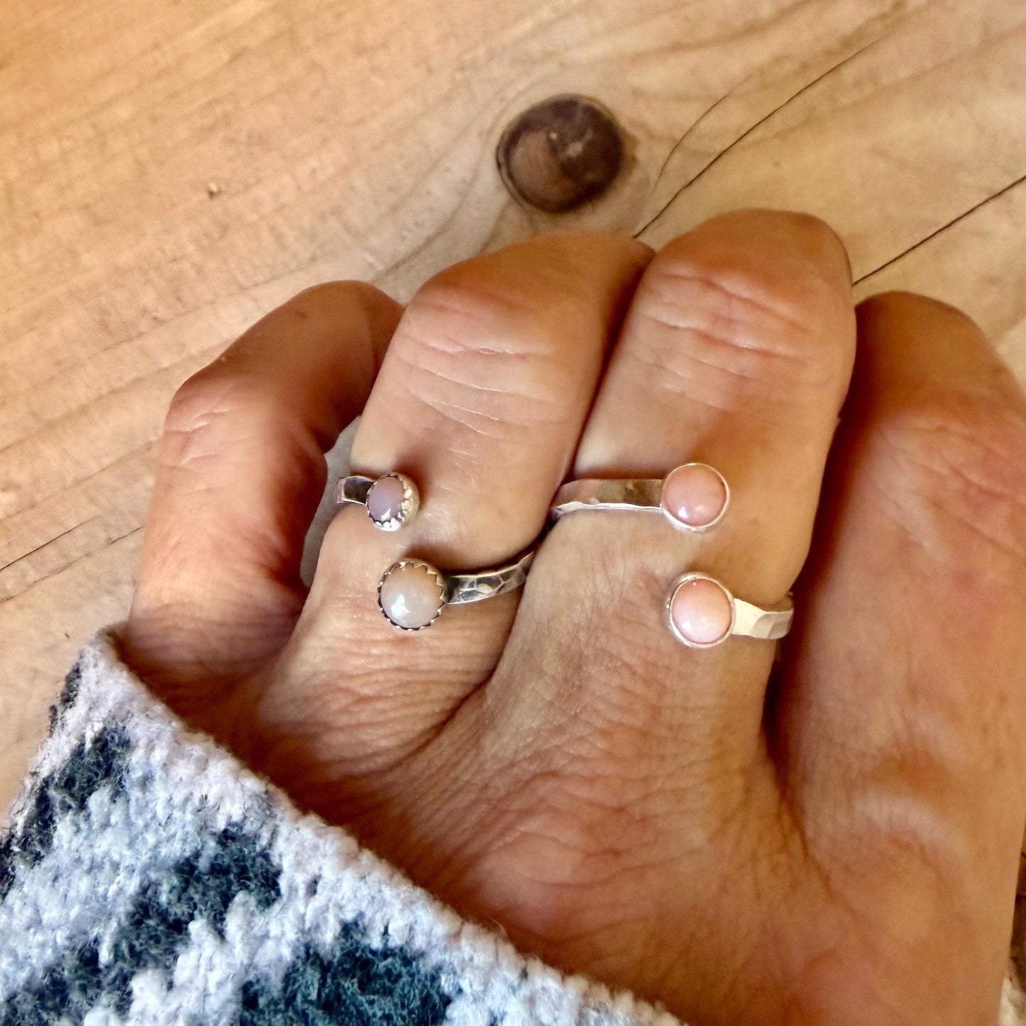 Pink Opal Sterling Silver Ring • Adjustable Double Bezel • Soft Blush Peruvian Stone
