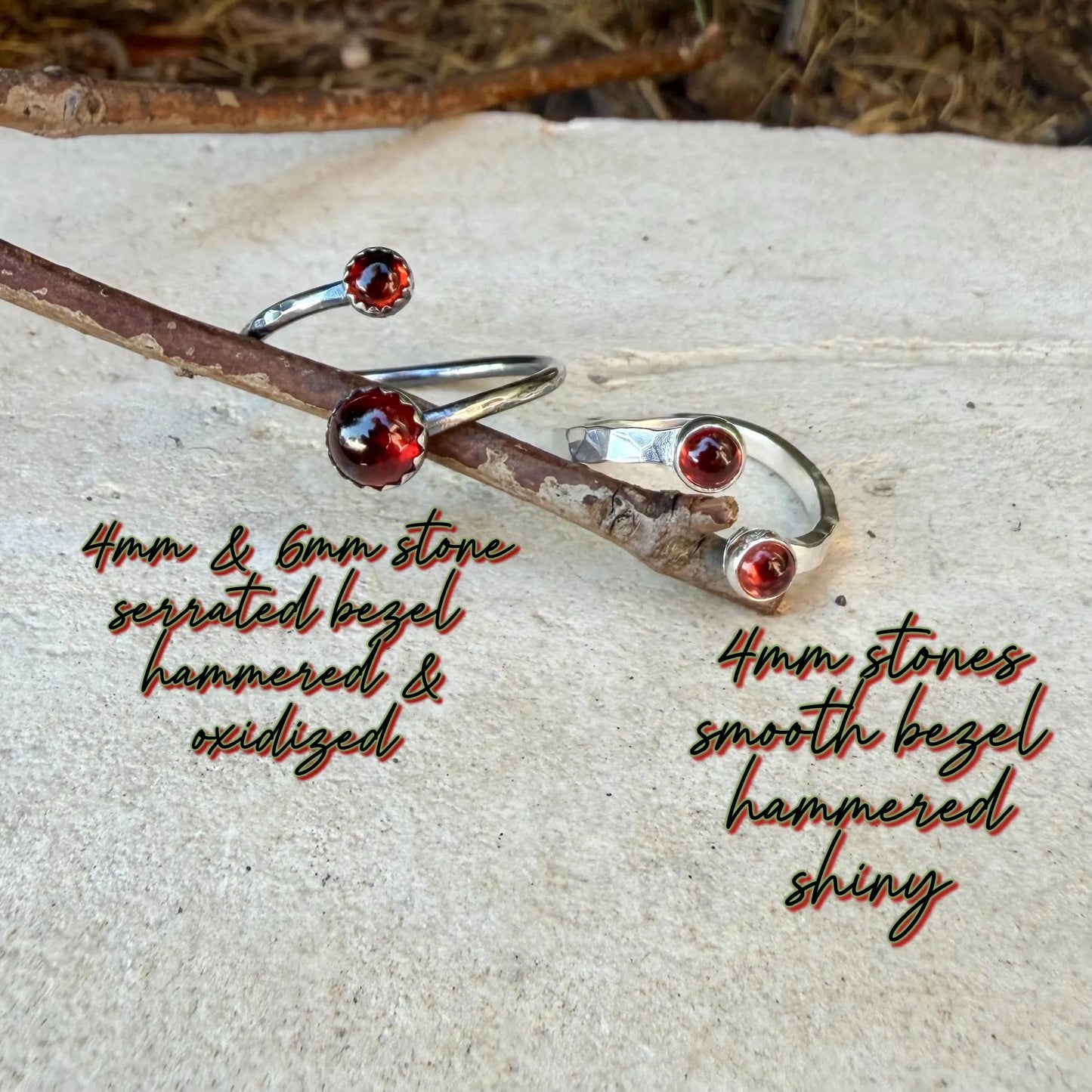 Garnet Sterling Silver Ring • Adjustable Double Bezel • Deep Red Garnet Cabochon