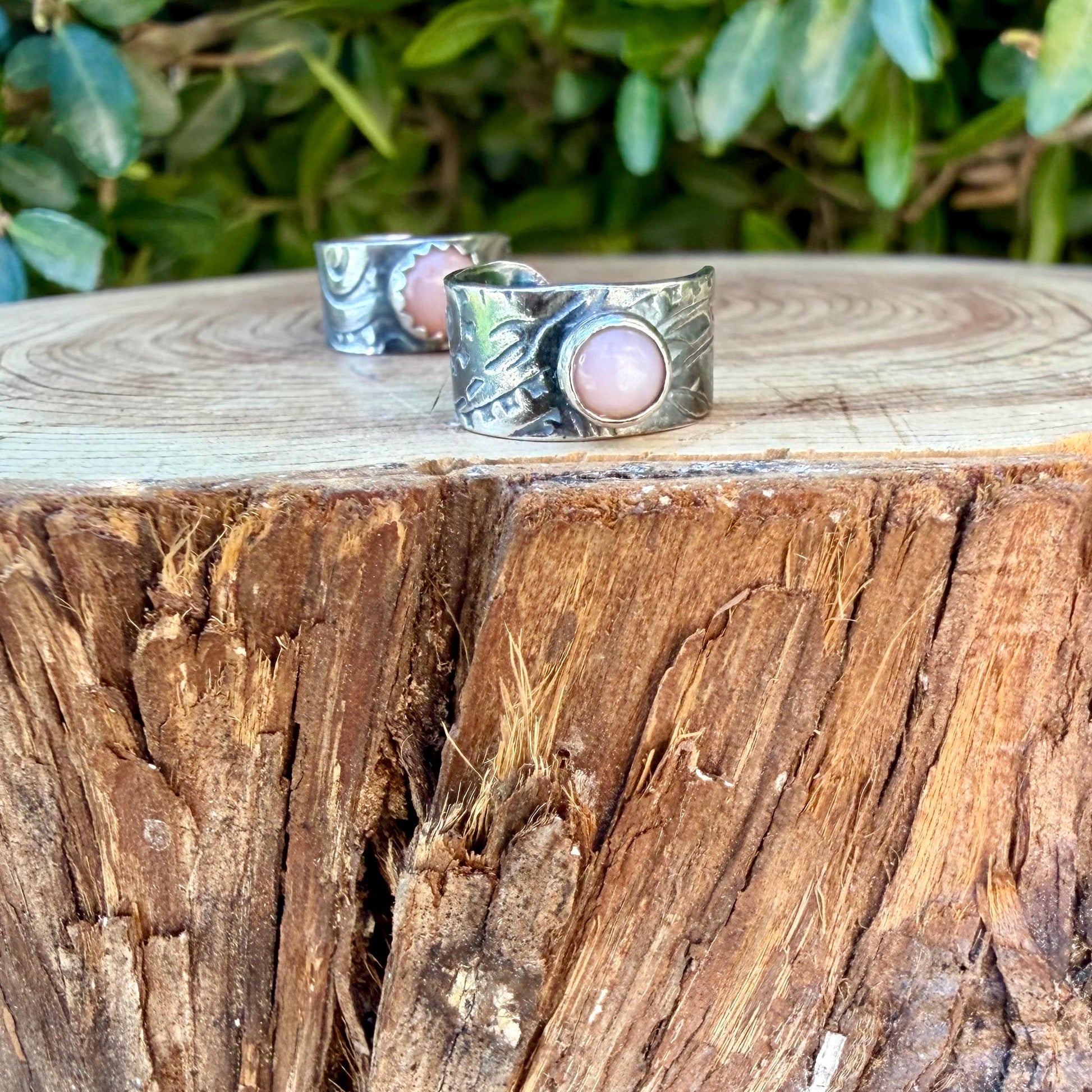 Sterling Silver Pink Opal Ear Cuff • Paisley Embossed • Faux Conch • No Piercing Needed