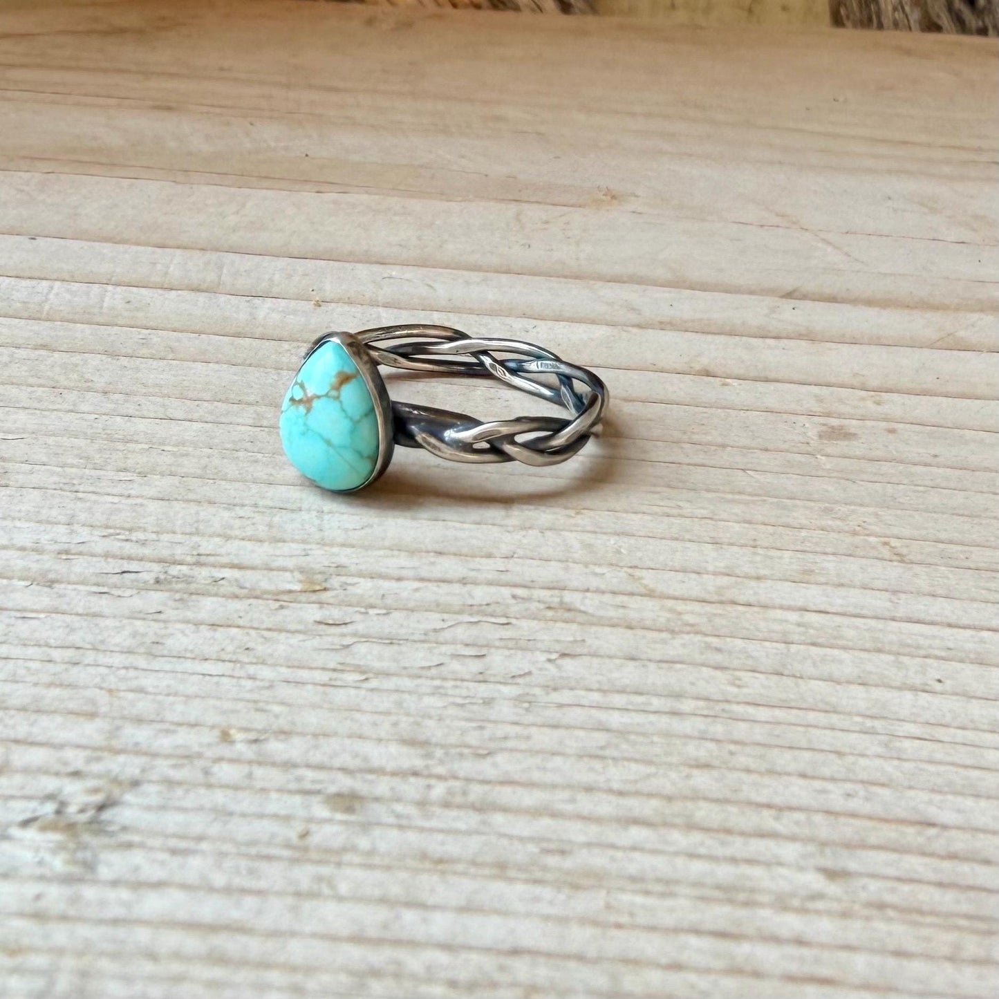 Turquoise & Braided Sterling Silver Band Ring • 10x8mm Number 8 Pear Cabochon