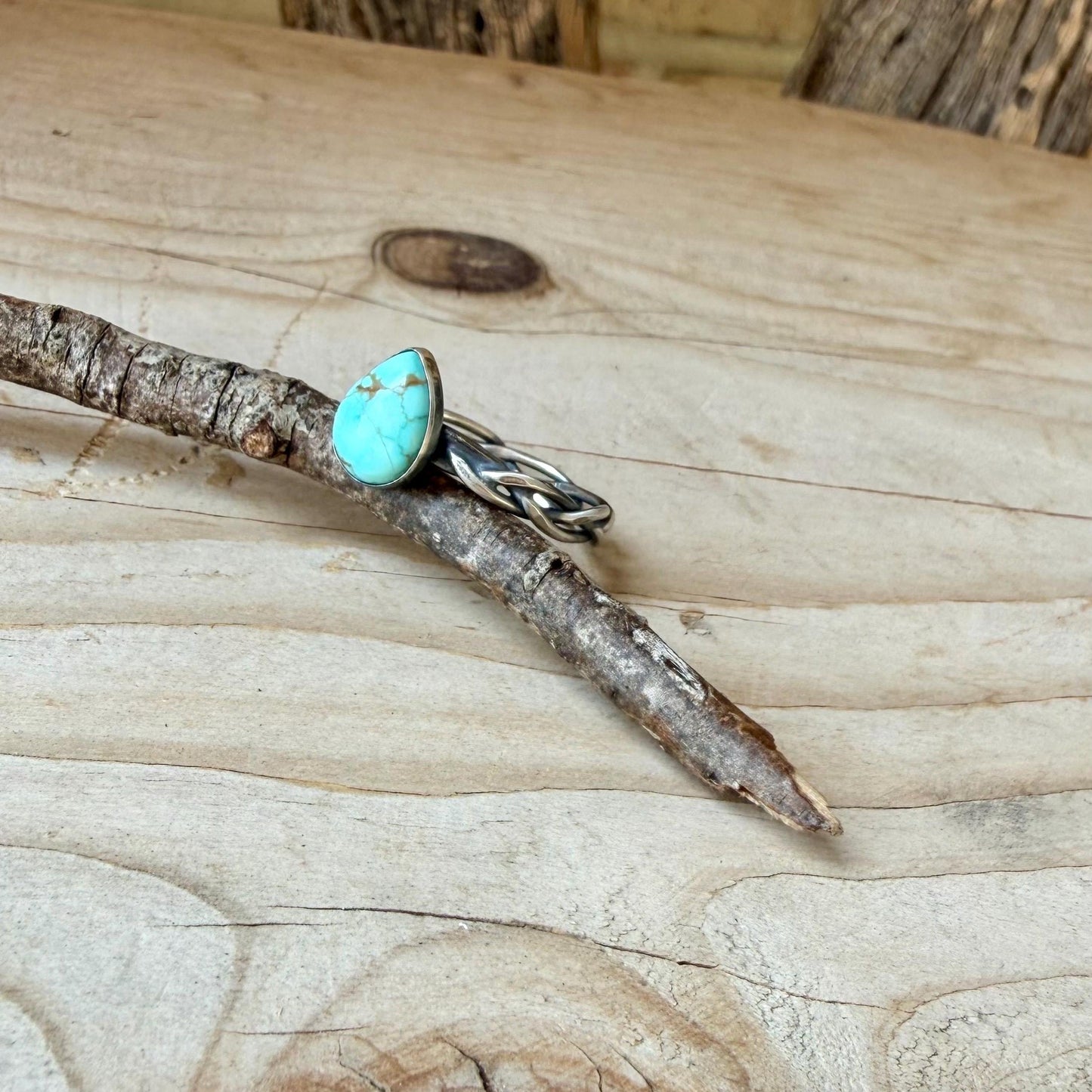 Turquoise & Braided Sterling Silver Band Ring • 10x8mm Number 8 Pear Cabochon