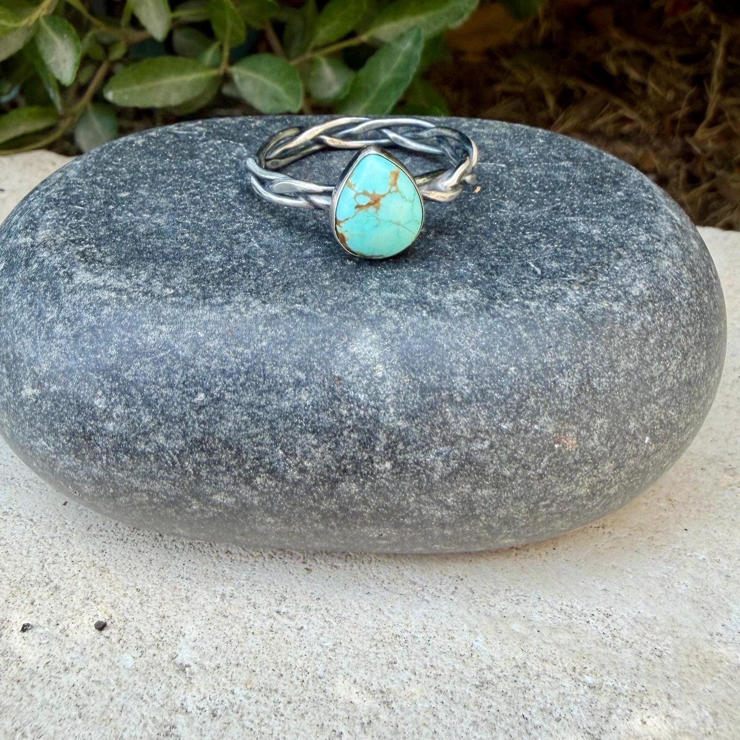 Turquoise & Braided Sterling Silver Band Ring • 10x8mm Number 8 Pear Cabochon