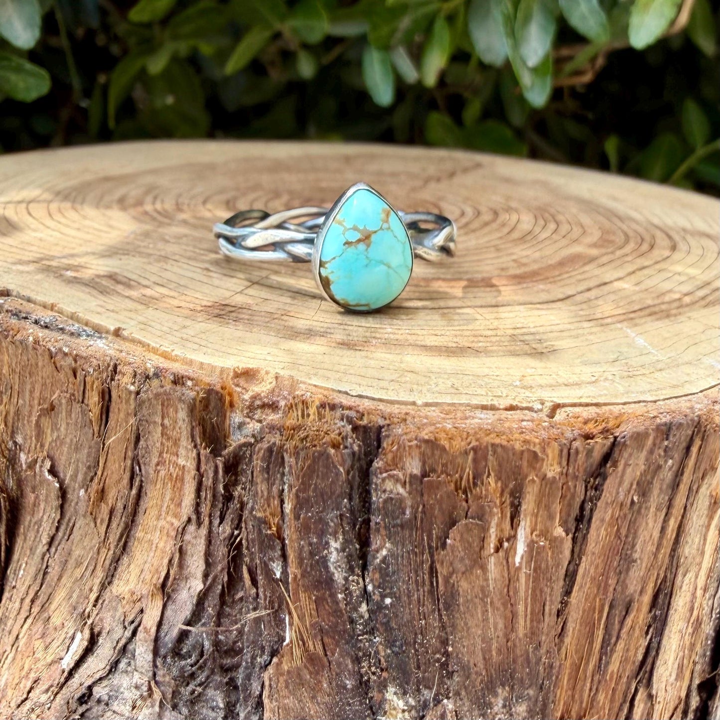 Turquoise & Braided Sterling Silver Band Ring • 10x8mm Number 8 Pear Cabochon