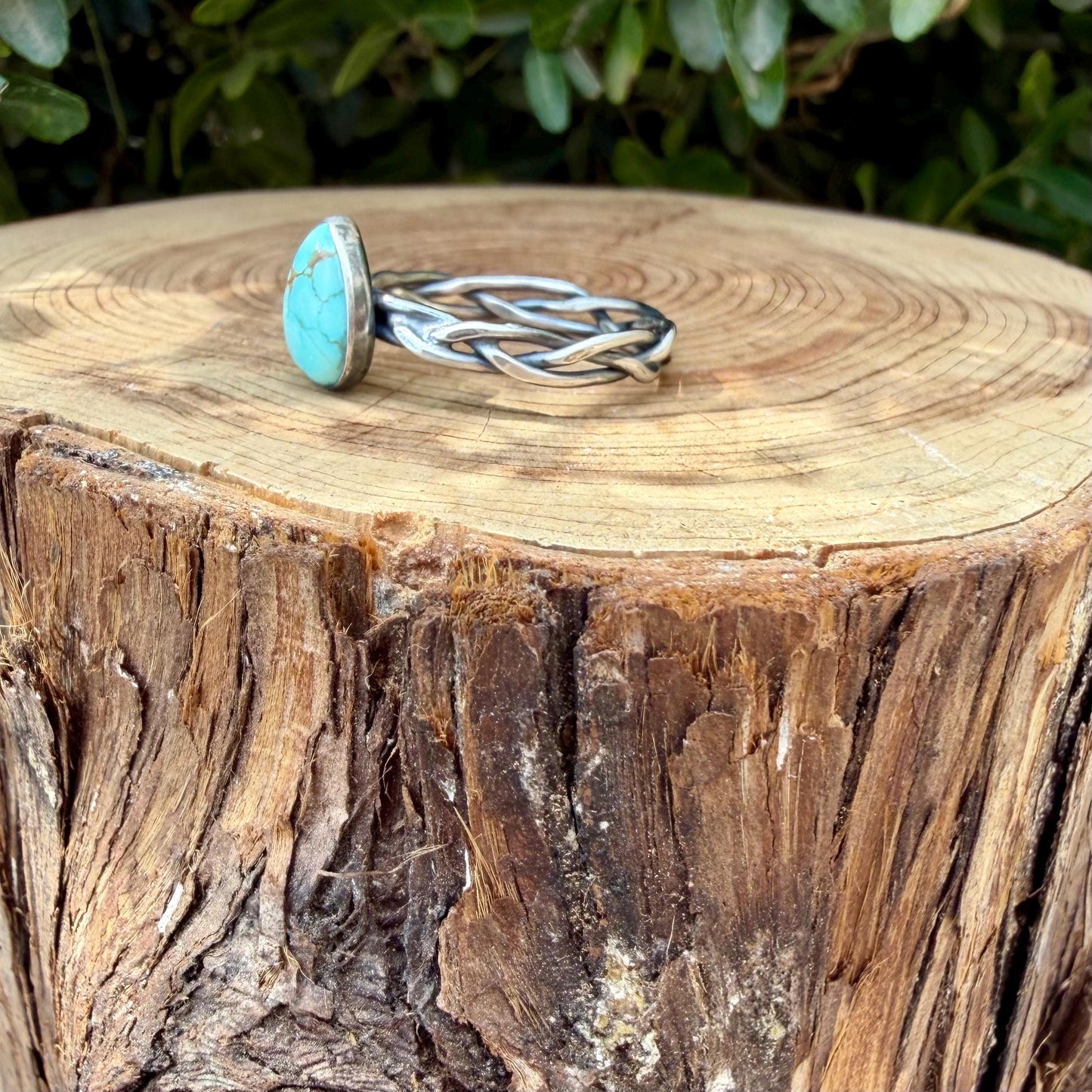 Turquoise & Braided Sterling Silver Band Ring • 10x8mm Number 8 Pear Cabochon