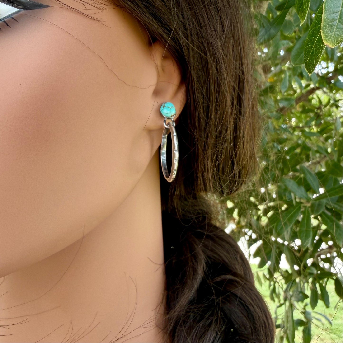 Sterling Silver Turquoise Hoop Earrings • 10x8mm Pear Number 8 Cabochon