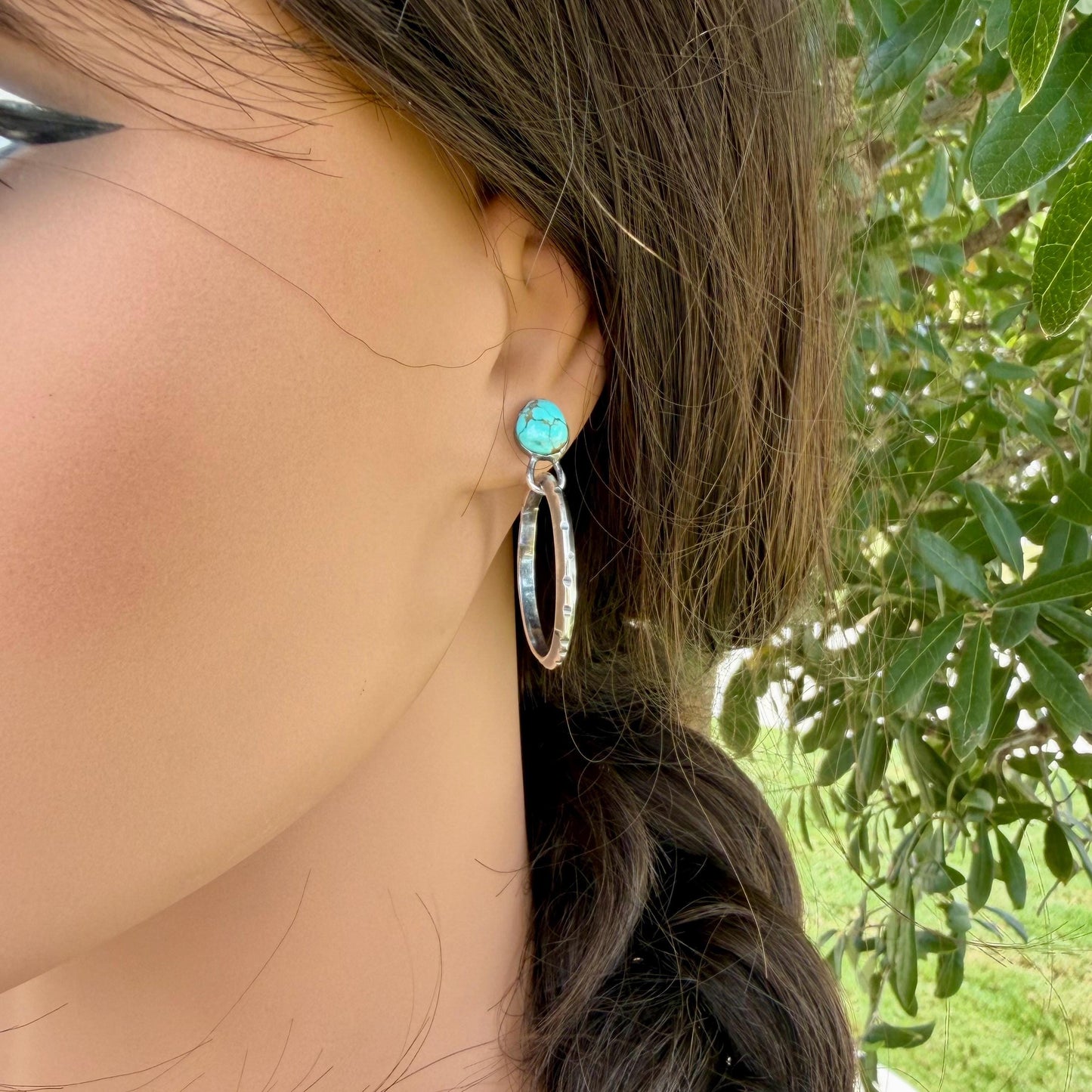 Sterling Silver Turquoise Hoop Earrings • 10x8mm Pear Number 8 Cabochon