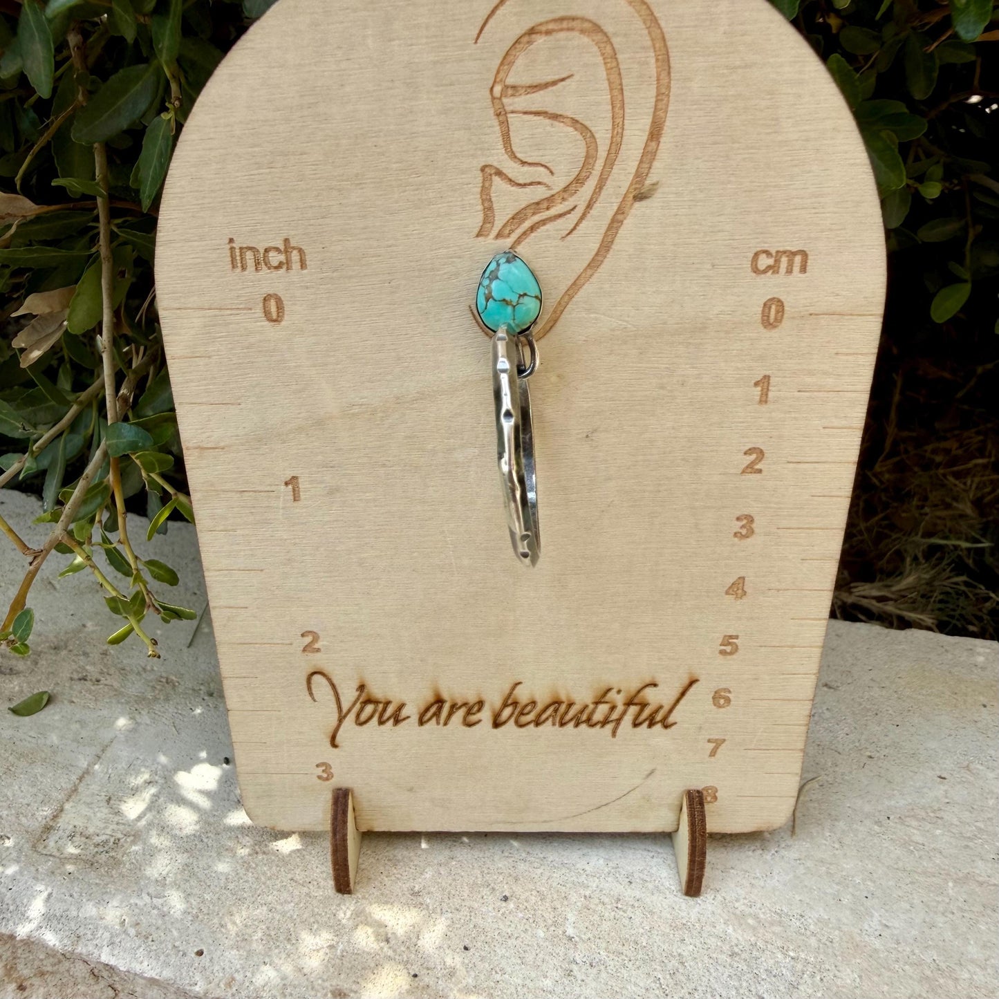Sterling Silver Turquoise Hoop Earrings • 10x8mm Pear Number 8 Cabochon