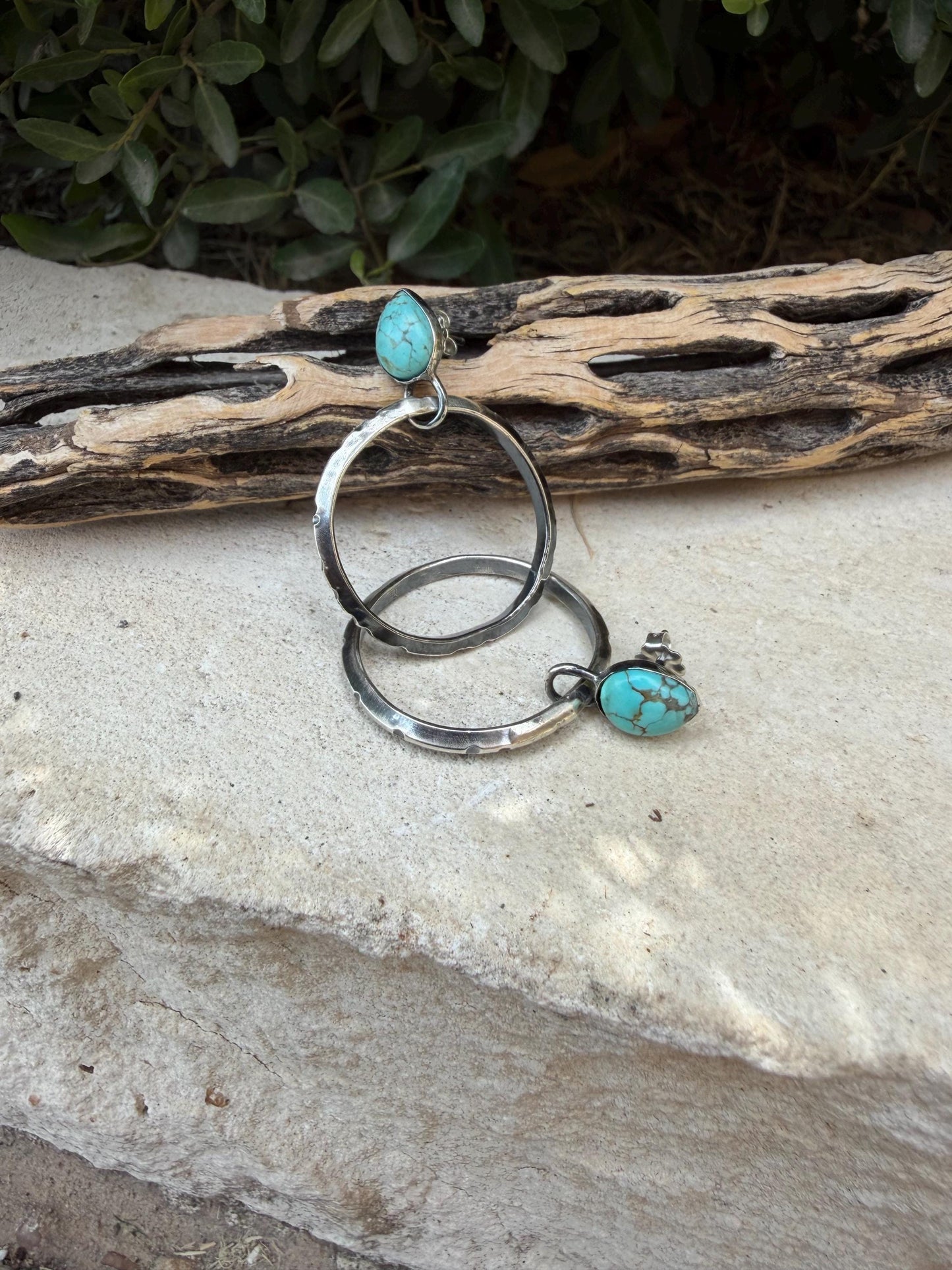 Sterling Silver Turquoise Hoop Earrings • 10x8mm Pear Number 8 Cabochon