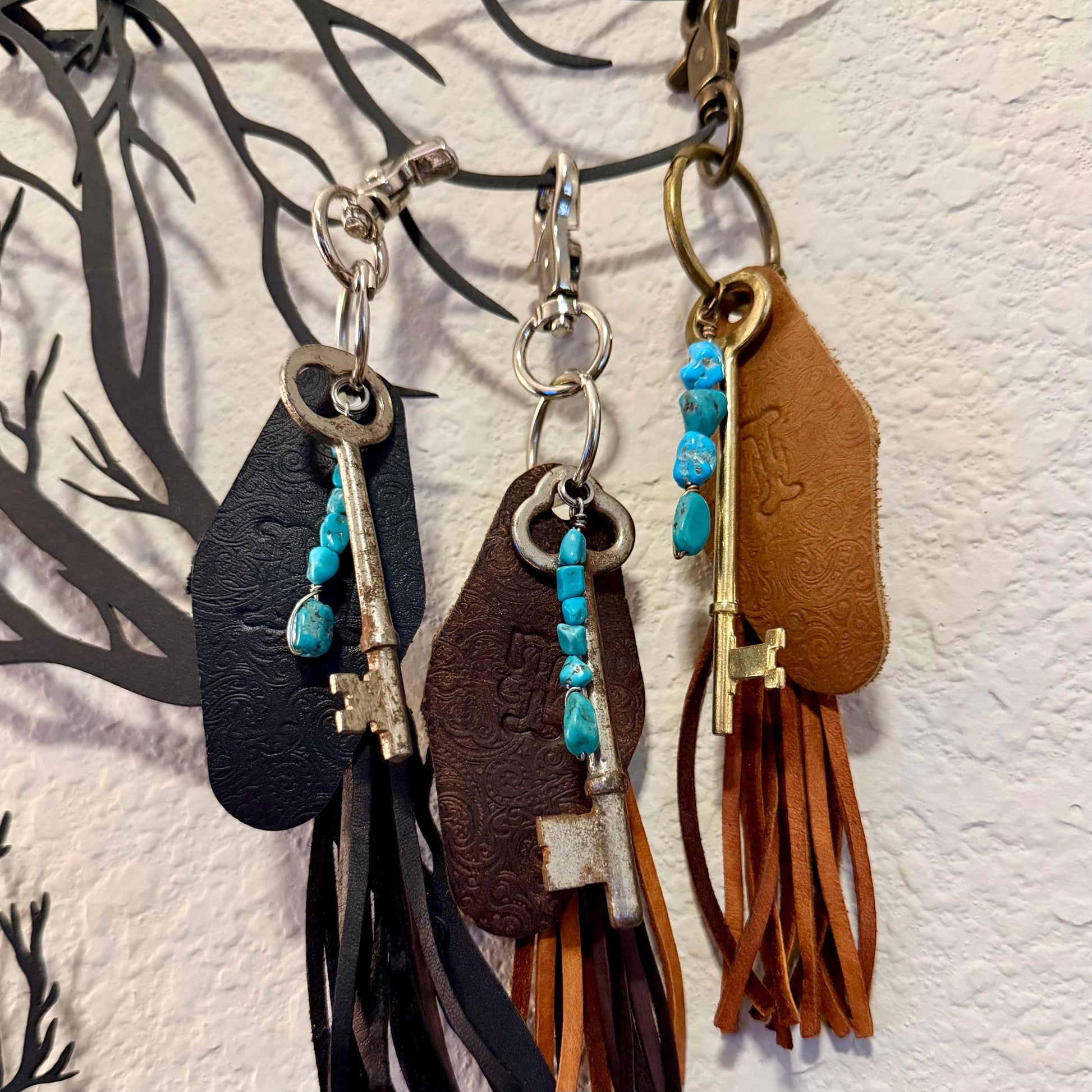Vintage Skeleton Keychain • Leather Initial Fob • Deerskin Tassel • Kingman Turquoise Accent