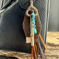 Vintage Skeleton Keychain • Leather Initial Fob • Deerskin Tassel • Kingman Turquoise Accent
