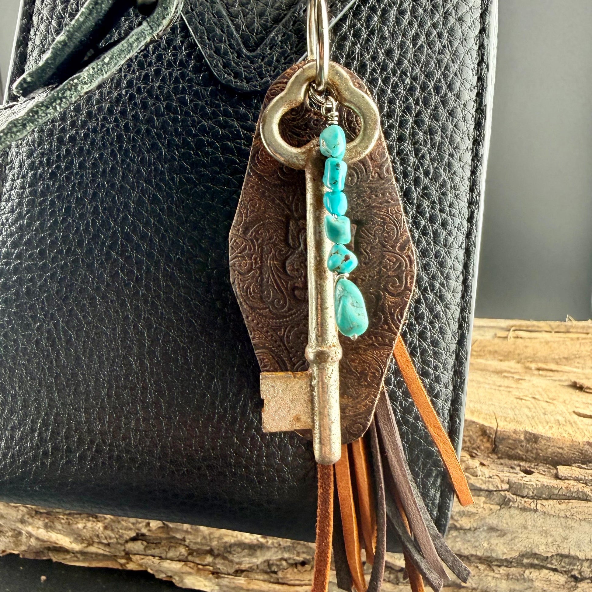 Vintage Skeleton Keychain • Leather Initial Fob • Deerskin Tassel • Kingman Turquoise Accent
