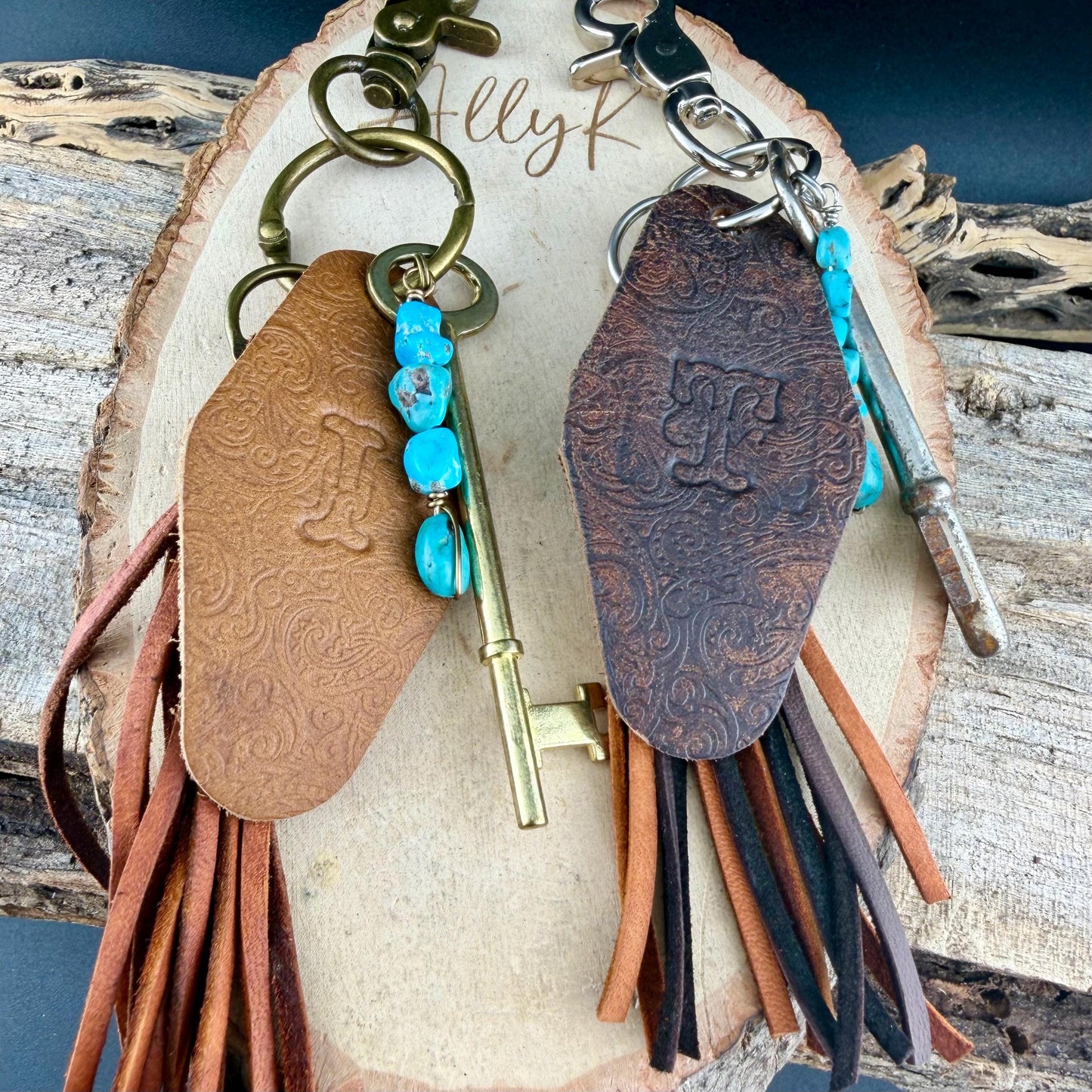Vintage Skeleton Keychain • Leather Initial Fob • Deerskin Tassel • Kingman Turquoise Accent