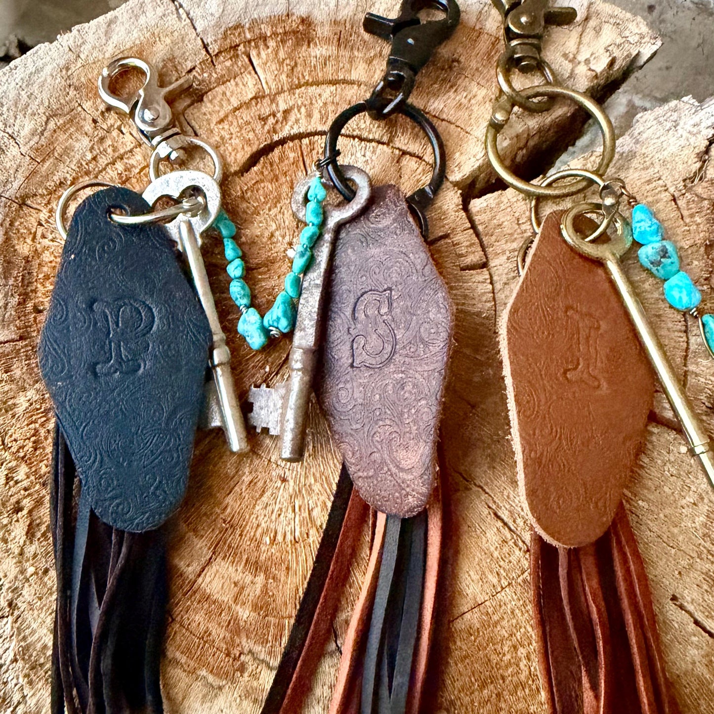 Vintage Skeleton Keychain • Leather Initial Fob • Deerskin Tassel • Kingman Turquoise Accent