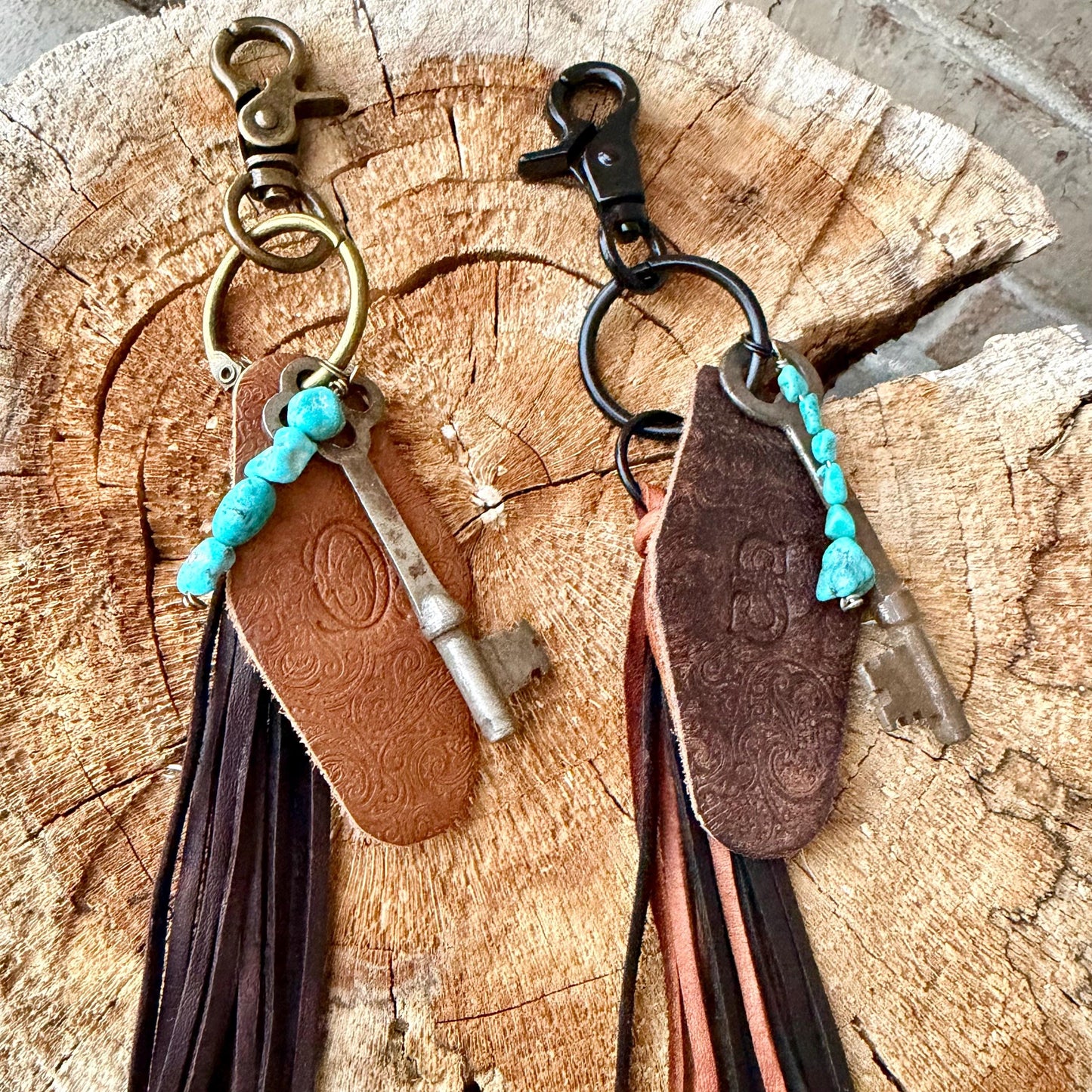 Vintage Skeleton Keychain • Leather Initial Fob • Deerskin Tassel • Kingman Turquoise Accent