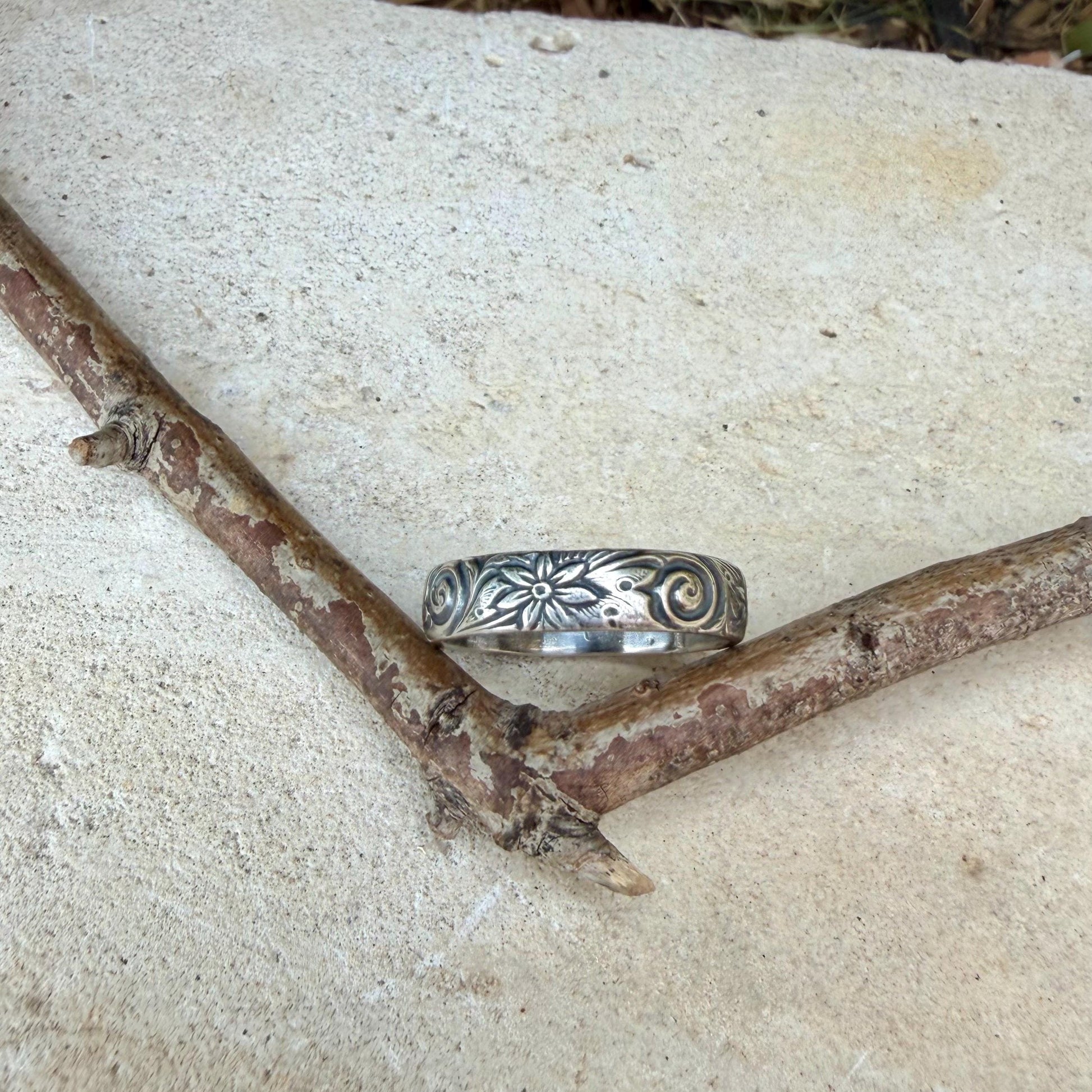 Sterling Silver Daisy Band Ring | Wide Band Elegance