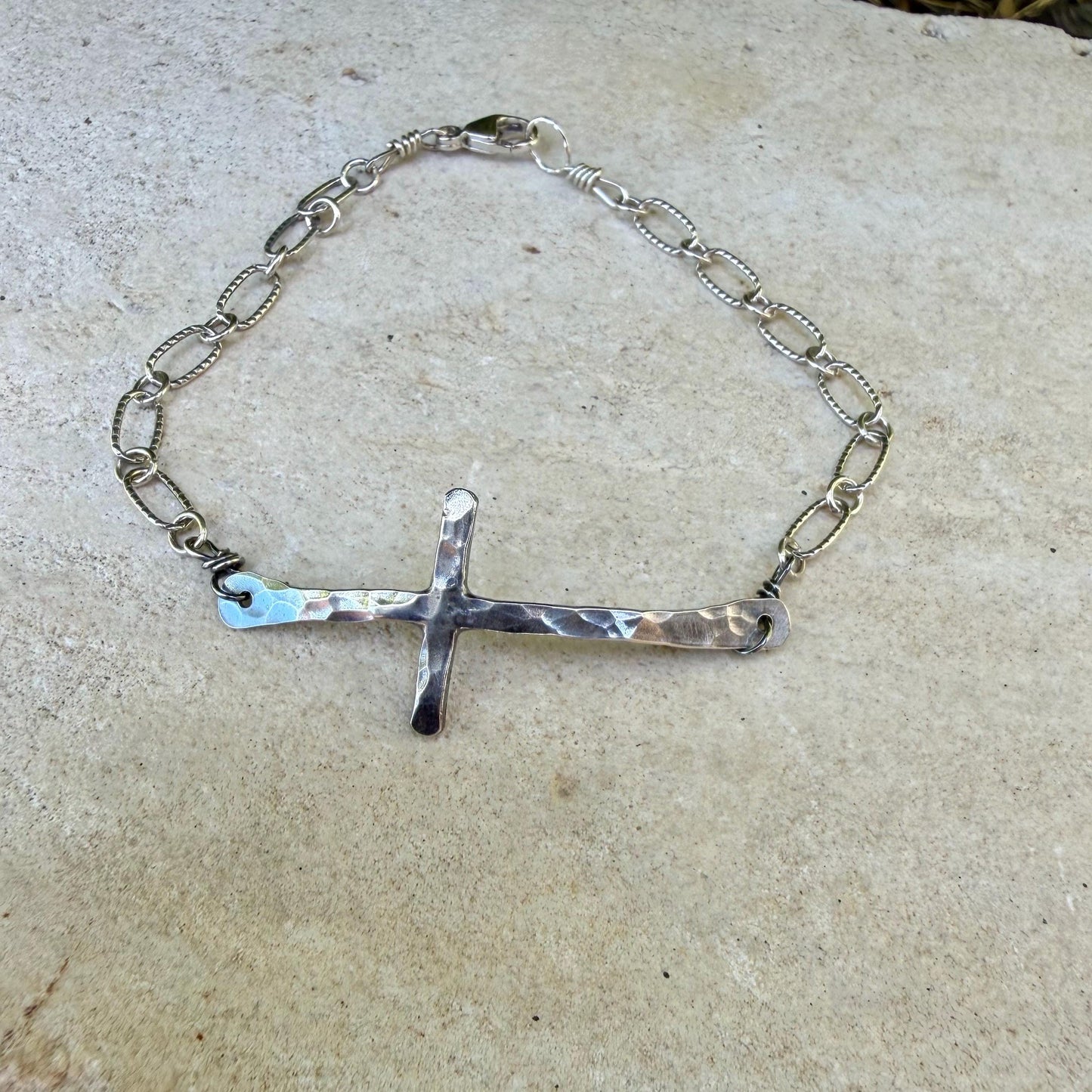Sterling Silver Sideways Cross Bracelet • Hand‑Forged Cross • Rustic Silver Chain
