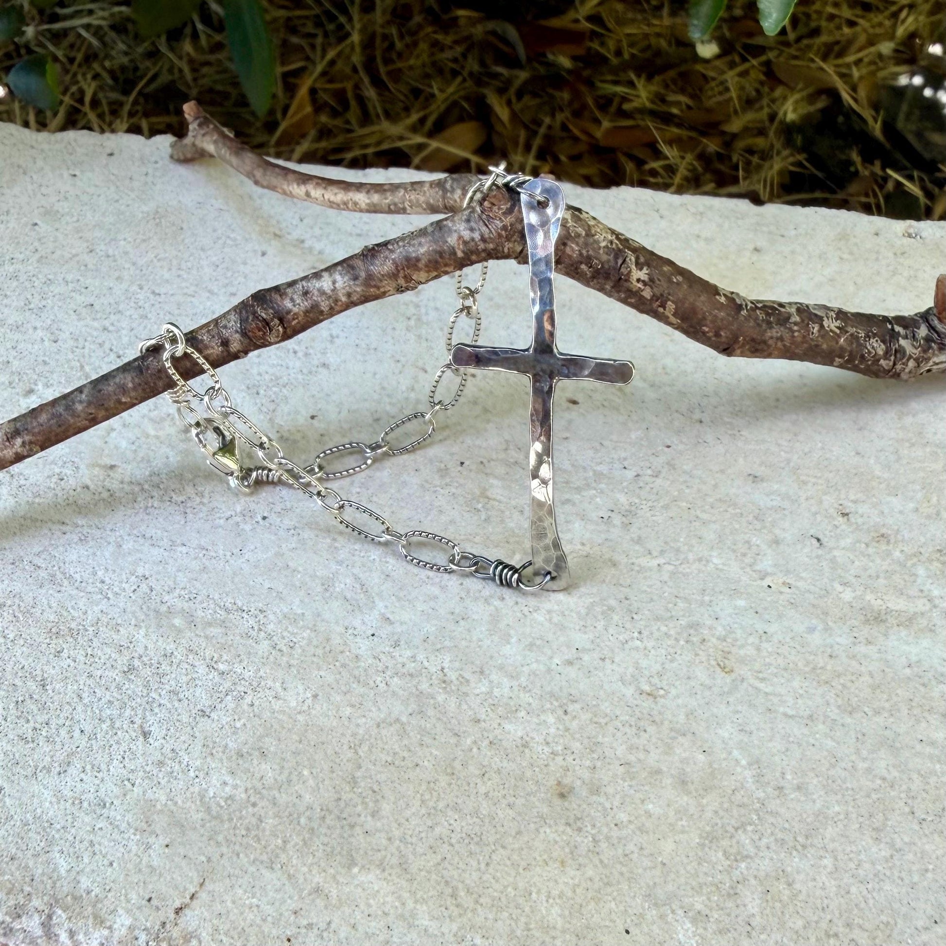 Sterling Silver Sideways Cross Bracelet • Hand‑Forged Cross • Rustic Silver Chain